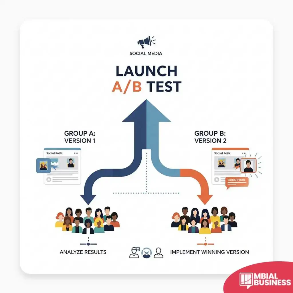An infographic illustrating the launch of a social media A/B test. At the top, a large, thick arrow labeled "LAUNCH A/B TEST" splits into two smaller arrows, one dark blue and one orange. The blue arrow points to "GROUP A: VERSION 1" and shows a social media post being presented to a group of diverse people. The orange arrow points to "GROUP B: VERSION 2" and shows a different social media post being presented to a second group of people. The final step shows the paths converging with two options below: "ANALYZE RESULTS" and "IMPLEMENT WINNING VERSION."