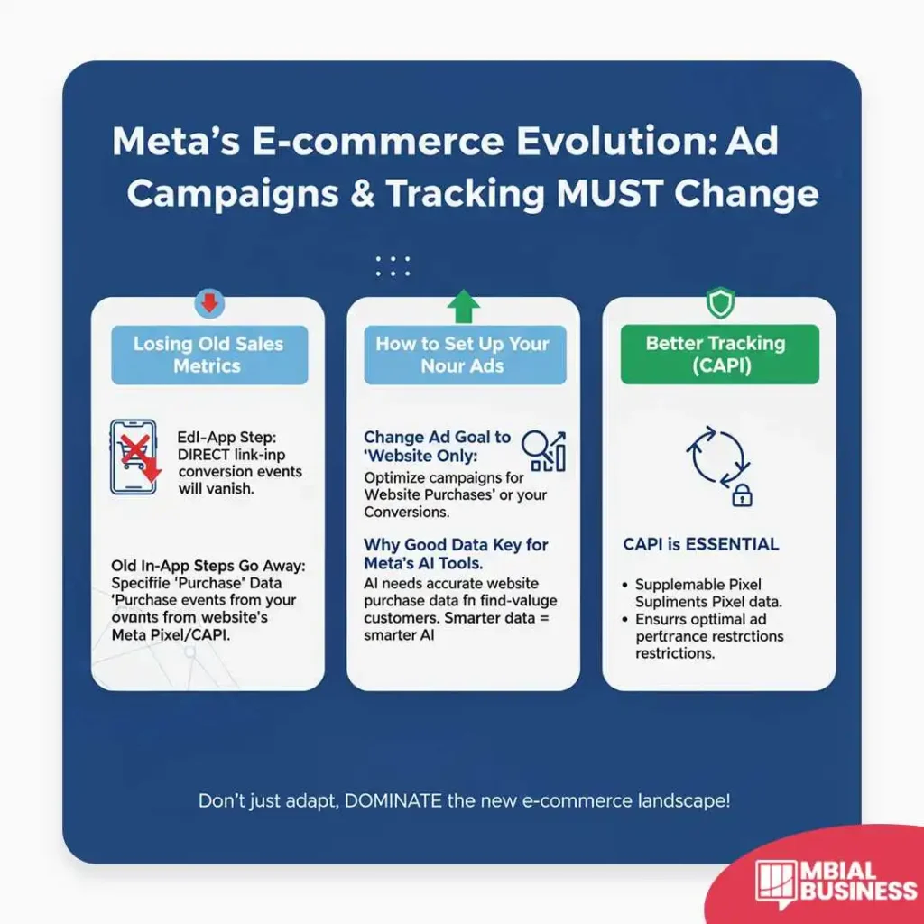 A marketing infographic titled, "Meta's E-commerce Evolution: Ad Campaigns & Tracking MUST Change," details the necessary shifts in advertising strategies due to changes in tracking and conversion events. The graphic is divided into three sections. The first section, Losing Old Sales Metrics, explains that old in-app 'purchase' data and direct link-in conversion events will vanish, and that specified 'Purchase' data must now come from website events tracked via the Meta Pixel/CAPI. The middle section, How to Set Up Your Nour Ads, instructs businesses to Change Ad Goal to 'Website Only' and optimize campaigns for Website Purchases or other conversions. It emphasizes Why Good Data Key for Meta's AI Tools: AI needs accurate website purchase data to find value customers, as smarter data leads to smarter AI. The final section, Better Tracking (CAPI), stresses that CAPI is ESSENTIAL because it supplements Pixel data and ensures optimal ad performance despite new privacy restrictions. The overarching message at the bottom encourages users to "Don't just adapt, DOMINATE the new e-commerce landscape!"