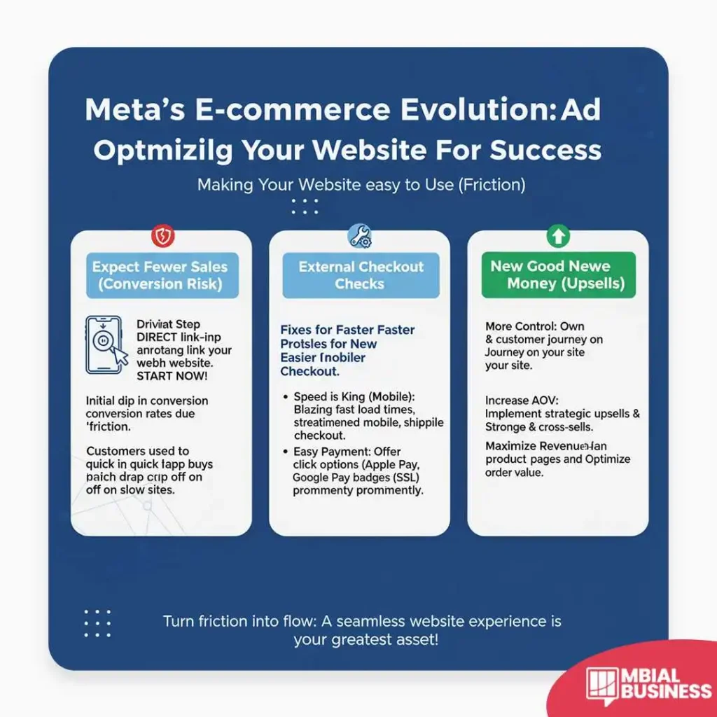 A marketing infographic titled, "Meta's E-commerce Evolution: Ad Optimizing Your Website For Success," focuses on Making Your Website easy to Use (Friction) and outlines three key areas. The first section, Expect Fewer Sales (Conversion Risk), notes that initial conversion dips are due to 'friction,' as customers used to quick in-app buys may now be navigating off-site. The key action here is to "Drive DIRECT Link-in annotating link your webb website. START NOW!" The second column, External Checkout Checks, focuses on fixes for faster and easier mobile checkout, emphasizing that Speed is King (blazing fast load times, streamlined mobile, shippile checkout). It also suggests Easy Payment options like Apple Pay, Google Pay, and using SSL badges prominently. The third column, New Good Newe Money (Upsells), is about taking more control over the customer journey on your site to Increase AOV (Average Order Value) through strategic upsells and cross-sells. The final step is to Maximize Revenue by optimizing product pages and overall order value. The graphic concludes with the motto: "Turn friction into flow: A seamless website experience is your greatest asset!"