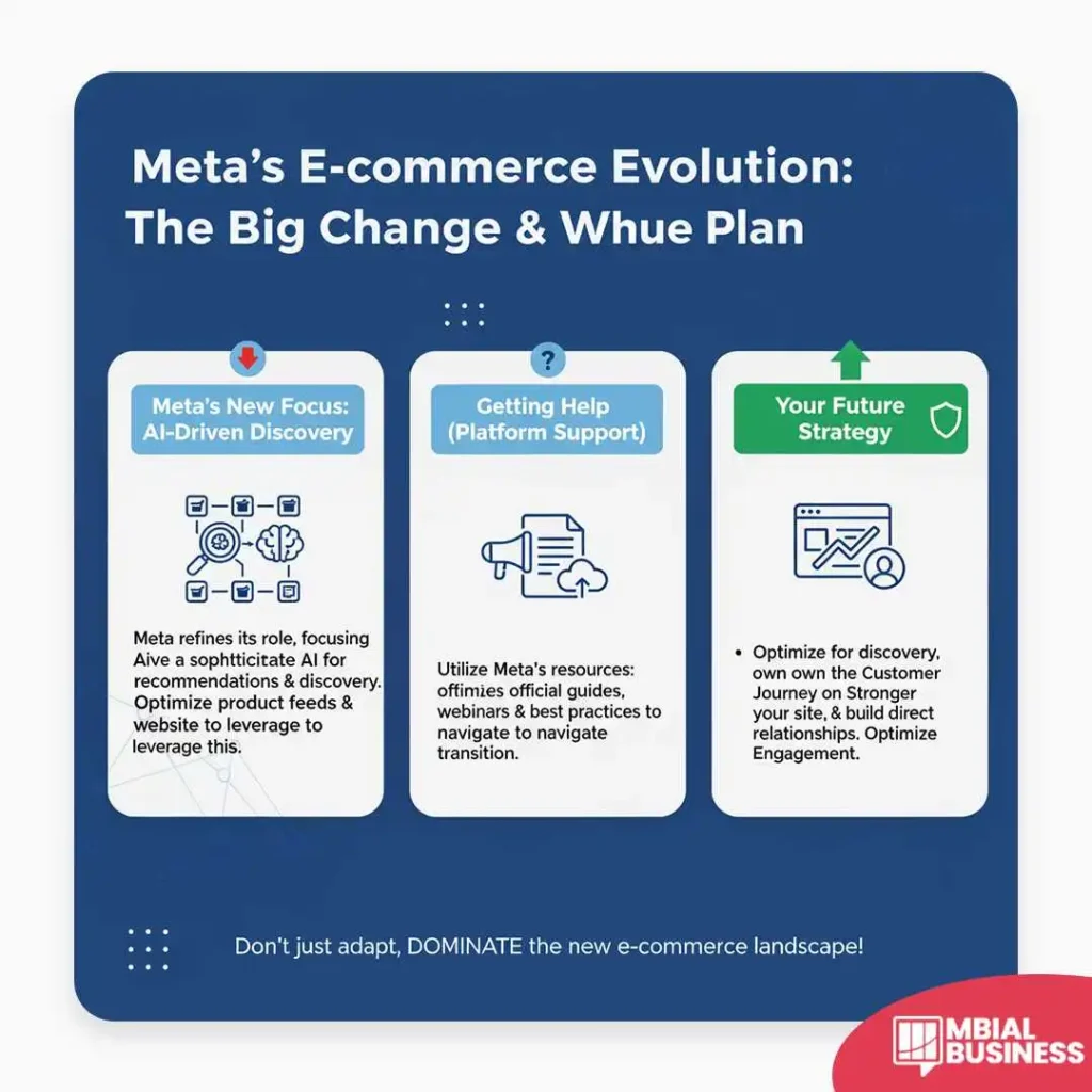 A graphic titled "Meta's E-commerce Evolution: The Big Change & Whue Plan" outlines three pillars for businesses navigating the e-commerce landscape. These include "Meta's New Focus: AI-Driven Discovery," where Meta refines its role with sophisticated AI for recommendations and discovery, urging businesses to optimize product feeds and websites; "Getting Help (Platform Support)," which recommends utilizing Meta's official guides, webinars, and best practices for transition; and "Your Future Strategy," which advises optimizing for discovery, owning the customer journey on your site, building direct relationships, and optimizing engagement. The graphic concludes with the directive: "Don't just adapt, DOMINATE the new e-commerce landscape!"