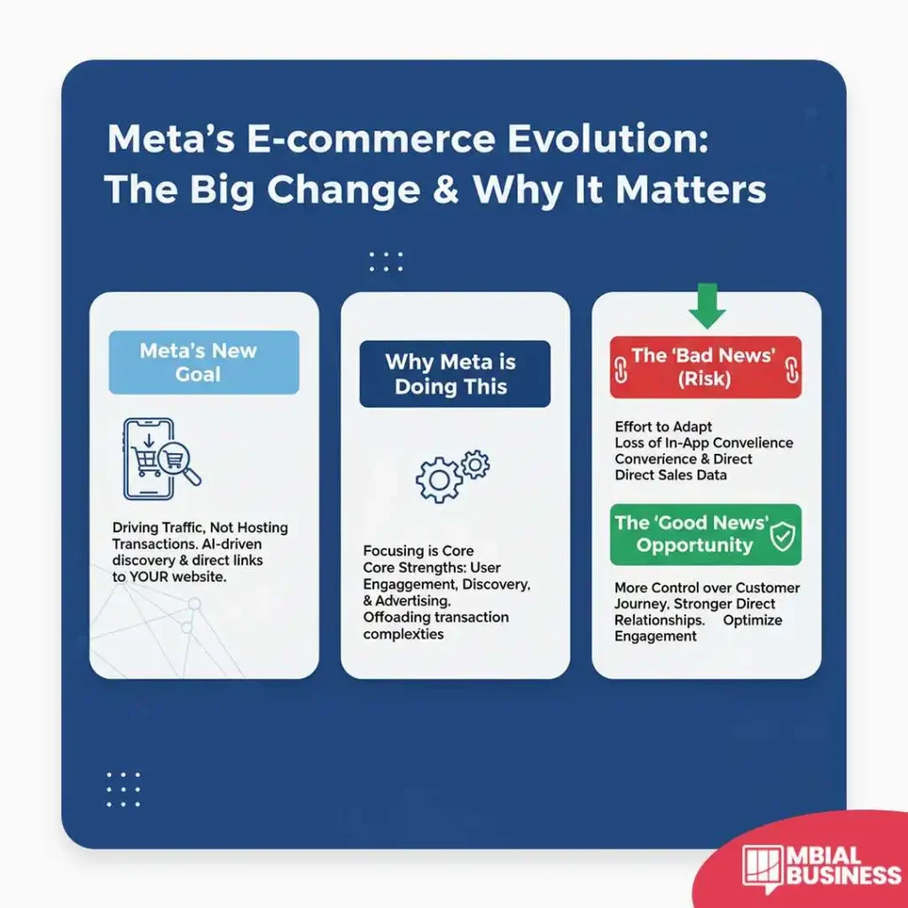 A marketing infographic titled, "Meta's E-commerce Evolution: The Big Change & Why It Matters," explains the strategic pivot by Meta and its implications for businesses. The graphic is structured in three columns. The first column, Meta's New Goal, defines the focus as Driving Traffic, Not Hosting Transactions through AI-driven discovery and direct links to YOUR website. The middle column, Why Meta is Doing This, explains that Meta is focusing on its Core Strengths—User Engagement, Discovery, & Advertising—and Offloading transaction complexities to streamline its platform. The final column, The 'Bad News' (Risk) & The 'Good News' (Opportunity), highlights the immediate impact: The Risk is the effort to adapt to the loss of in-app convenience and direct sales data. The Opportunity is gaining More Control over the customer journey, establishing stronger direct relationships, and optimizing engagement on a business's own site. The graphic is credited to "MBIAL BUSINESS."