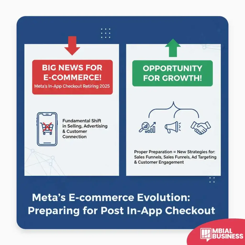 A two-panel infographic titled, "Meta's E-commerce Evolution: Preparing for Post In-App Checkout," summarizes the change and the resulting opportunity for businesses. The red left panel, labeled "BIG NEWS FOR E-COMMERCE! Meta's In-App Checkout Retiring 2025," describes this as a Fundamental Shift in selling, advertising, and customer connection, illustrated by an image of a shopping cart with a red stop symbol on a mobile phone. The green right panel, labeled "OPPORTUNITY FOR GROWTH!," states that Proper Preparation equals New Strategies for sales funnels, ad targeting, and customer engagement, illustrated with icons representing analytics, megaphone communication, and a handshake deal. The graphic visually represents the mandatory shift from in-app transactions to external website sales and the potential for businesses to grow by adapting their strategies.