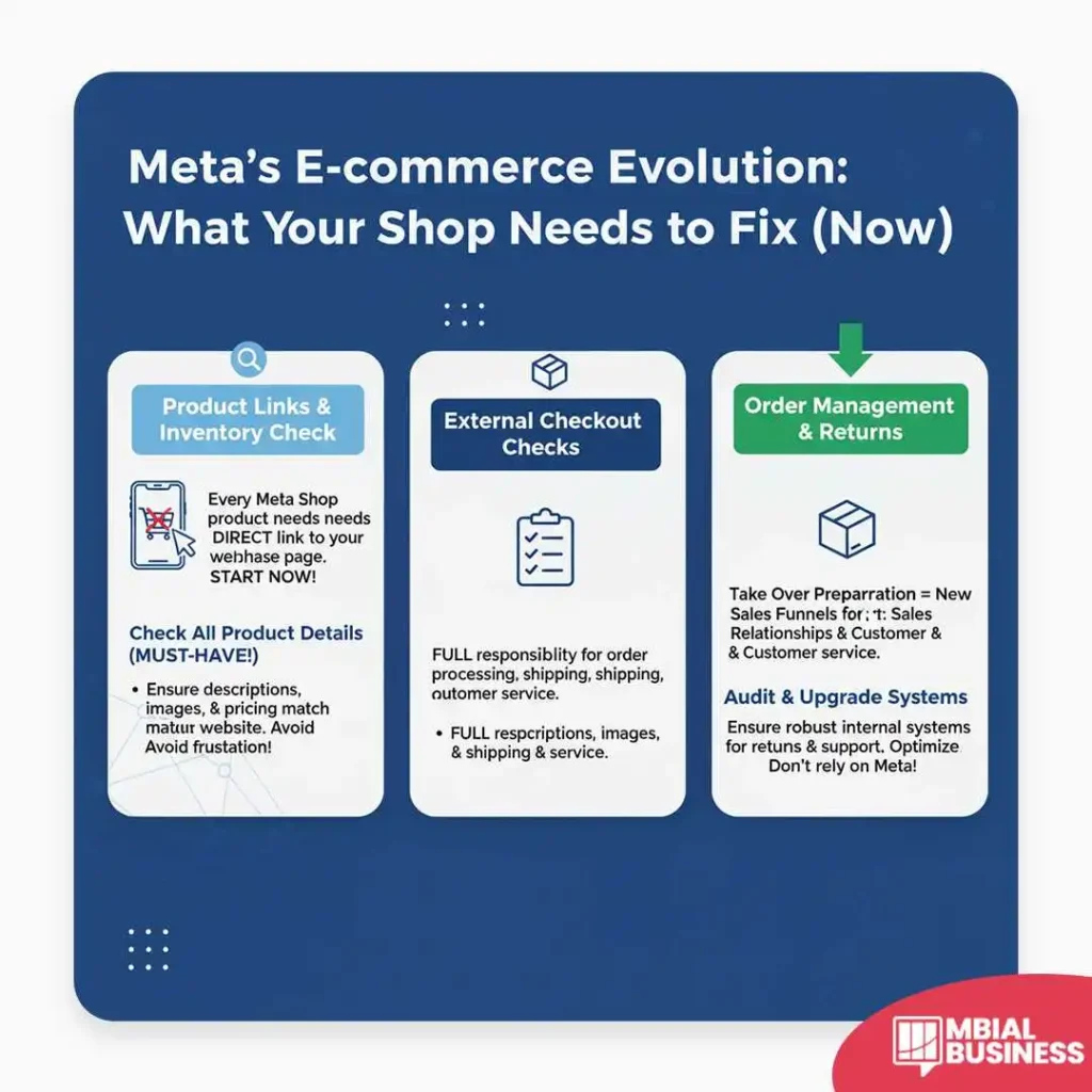 A marketing infographic titled, "Meta's E-commerce Evolution: What Your Shop Needs to Fix (Now)," outlines three crucial steps for e-commerce shops to prepare for changes. The first column, Product Links & Inventory Check, states that every Meta Shop product must have a DIRECT link to your webhase page (MUST-HAVE!), and instructs businesses to Check All Product Details, ensuring that descriptions, images, and pricing match the main website to avoid customer frustration. The second column, External Checkout Checks, emphasizes taking FULL responsibility for order processing, shipping, shipping, and customer service, including ensuring full descriptions, images, and shipping & service details are available. The final column, Order Management & Returns, stresses the importance of Take Over Preparation for new sales funnels, sales relationships, and customer service. It advises to Audit & Upgrade Systems to ensure robust internal systems for returns and support, and to "Don't rely on Meta!" The message at the bottom indicates the source as "MBIAL BUSINESS."