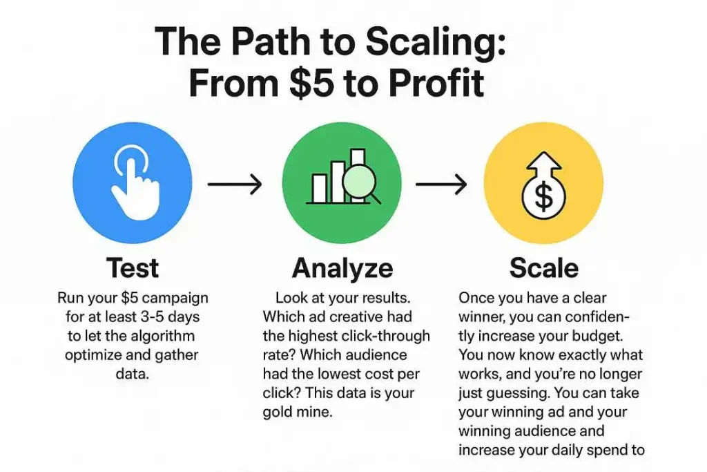 An infographic titled "The Path to Scaling: From $5 to Profit." It shows three steps in a horizontal flow chart: "Test" (a blue circle with a hand icon), "Analyze" (a green circle with a bar chart and magnifying glass), and "Scale" (a yellow circle with a dollar sign and an upward-pointing arrow). Each step includes a description of the action and its purpose.