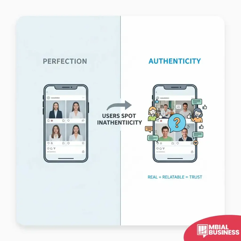 this image is divided into two sections. the left section, titled "perfection," displays a smartphone screen with a social media profile featuring four perfectly posed, nearly identical headshots of a woman. the right side, titled "authenticity," shows a different social media screen with various dynamic and diverse photos, including a group video call and casual snapshots of different people. an arrow pointing from the "perfection" section to the "authenticity" section is labeled "users spot inauthenticity." text at the bottom of the "authenticity" side reads "real + relatable = trust," emphasizing the value of genuine content over overly polished, curated images.