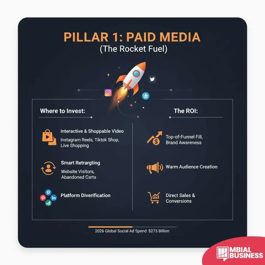 an infographic titled "pillar 1: paid media (the rocket fuel)." the image, set on a dark background, features a rocket launching upwards, with social media icons like instagram, facebook, and twitter orbiting it. below this, two sections are outlined side by side. the left section, titled "where to invest," lists three areas with corresponding icons: "interactive & shoppable video" (shopping bag icon), which includes instagram reels, tiktok shop, and live shopping; "smart retargeting" (retargeting arrows icon), for website visitors and abandoned carts; and "platform diversification" (a group of social media icons like pinterest, linkedin, and instagram). the right section, titled "the roi," lists three benefits with corresponding icons: "top-of-funnel fill, brand awareness" (dollar sign icon), "warm audience creation" (megaphone icon), and "direct sales & conversions" (shopping cart icon). at the bottom, there is a note about the "2026 global social ad spend: $273 billion."