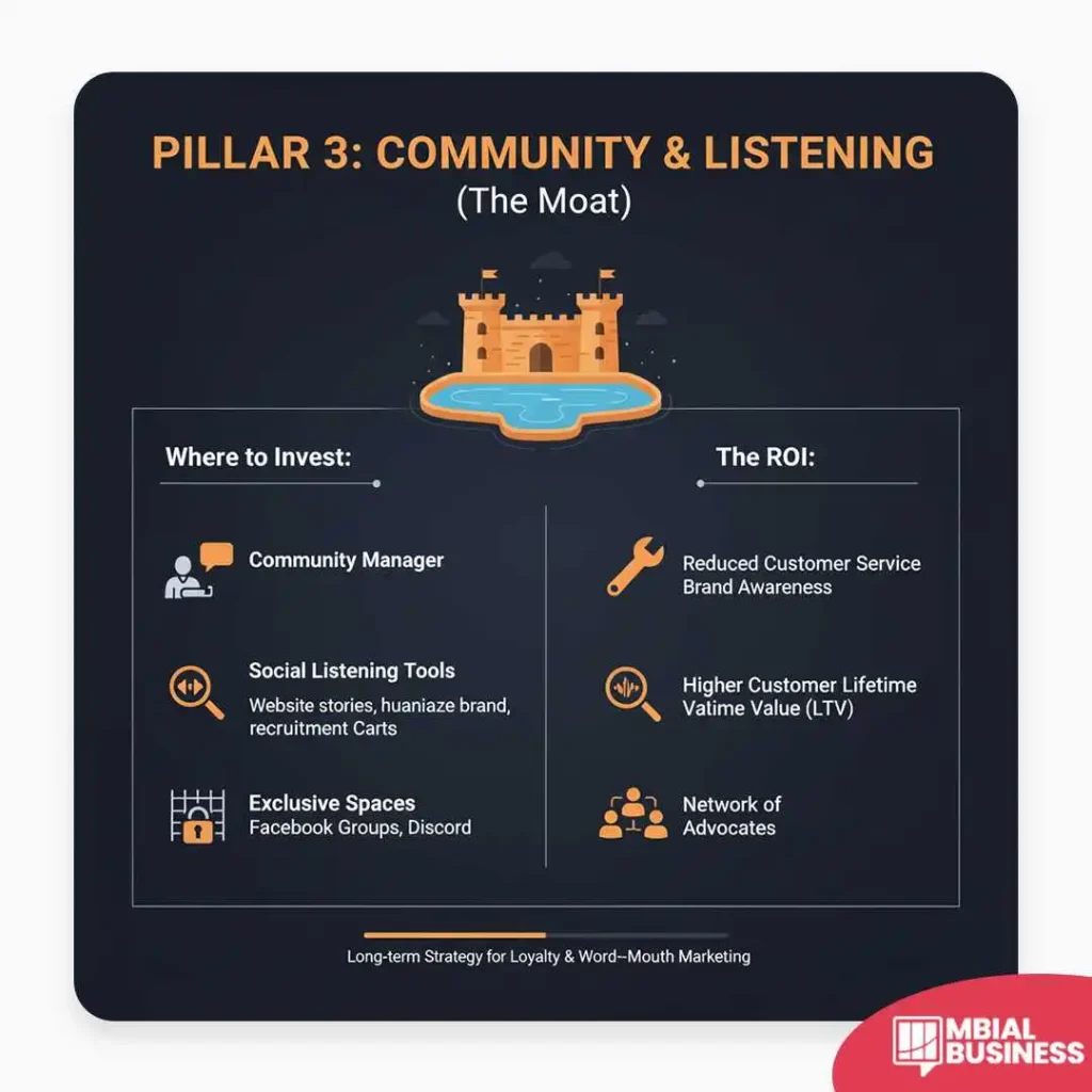 an infographic titled "pillar 3: community & listening (the moat)." the image, set against a dark background, features a cartoon castle surrounded by a moat at the top, symbolizing a fortified brand. below the castle, the image is divided into two sections. the left section, titled "where to invest," lists three areas with corresponding icons: a speech bubble with a person for a "community manager," a magnifying glass for "social listening tools" (used for website stories and recruitment), and a building with a lock for "exclusive spaces" (like facebook groups and discord). the right section, titled "the roi," lists three corresponding benefits with icons: a wrench for "reduced customer service, brand awareness," a rising graph line for "higher customer lifetime value (ltv)," and a group of connected people for a "network of advocates." at the bottom, the text reads "long-term strategy for loyalty & word-of-mouth marketing."