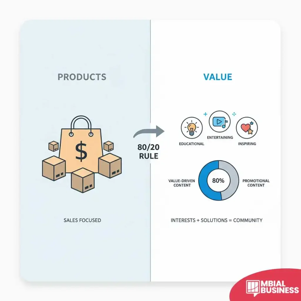 an infographic divided into two sections. the left section, titled "products," shows a shopping bag with a dollar sign surrounded by several cardboard boxes, with the text "sales focused" below it. the right section, titled "value," features three icons representing different types of content: a lightbulb for "educational," a play button for "entertaining," and a heart for "inspiring." below these icons is a pie chart illustrating the 80/20 rule: 80% is "value-driven content" and 20% is "promotional content." text at the bottom of this section reads "interests + solutions = community." an arrow in the middle points from "products" to "value" and is labeled "80/20 rule," showing a shift in focus from pure product sales to providing value-driven content.