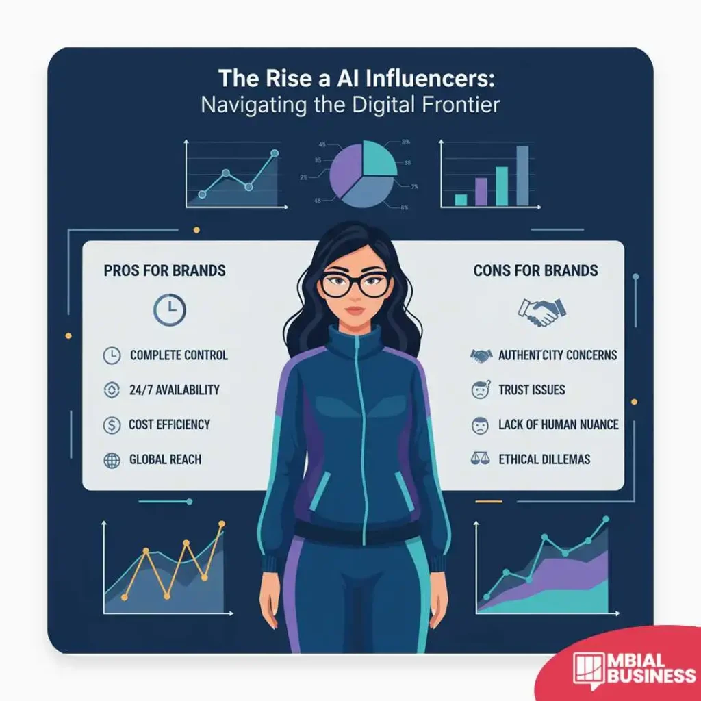 An infographic titled "The Rise a AI Influencers: Navigating the Digital Frontier." It features an illustration of a woman in the center, with two columns on either side. The "PROS FOR BRANDS" column lists complete control, 24/7 availability, cost efficiency, and global reach. The "CONS FOR BRANDS" column lists authenticity concerns, trust issues, lack of human nuance, and ethical dilemmas. A red "MBIAL BUSINESS" logo is in the bottom right corner.