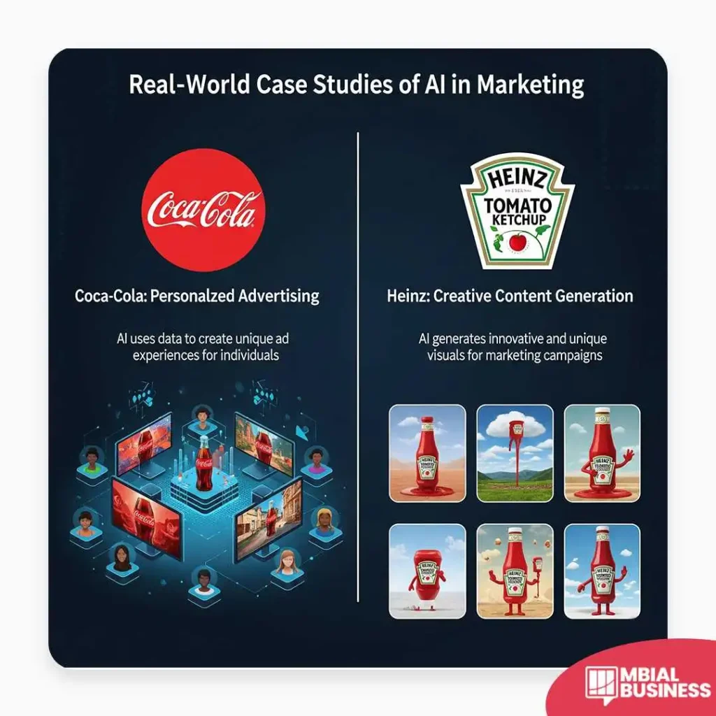 An infographic titled "Real-World Case Studies of AI in Marketing." It shows two examples: Coca-Cola, with a diagram illustrating how AI personalizes ad experiences for individuals, and Heinz, with six creative, AI-generated visuals for marketing campaigns. A red "MBIAL BUSINESS" logo is in the bottom right corner.