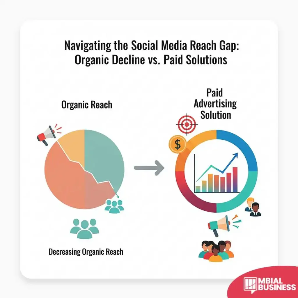 An infographic titled "Navigating the Social Media Reach Gap: Organic Decline vs. Paid Solutions." On the left, a pie chart and human figures represent "Organic Reach" with "Decreasing Organic Reach" text below. A right-pointing arrow leads to the "Paid Advertising Solution" section on the right, which is represented by a colorful circle containing a rising bar graph, a target, and a megaphone, illustrating growth and targeted reach. A red "MBIAL BUSINESS" logo is in the bottom right corner.
