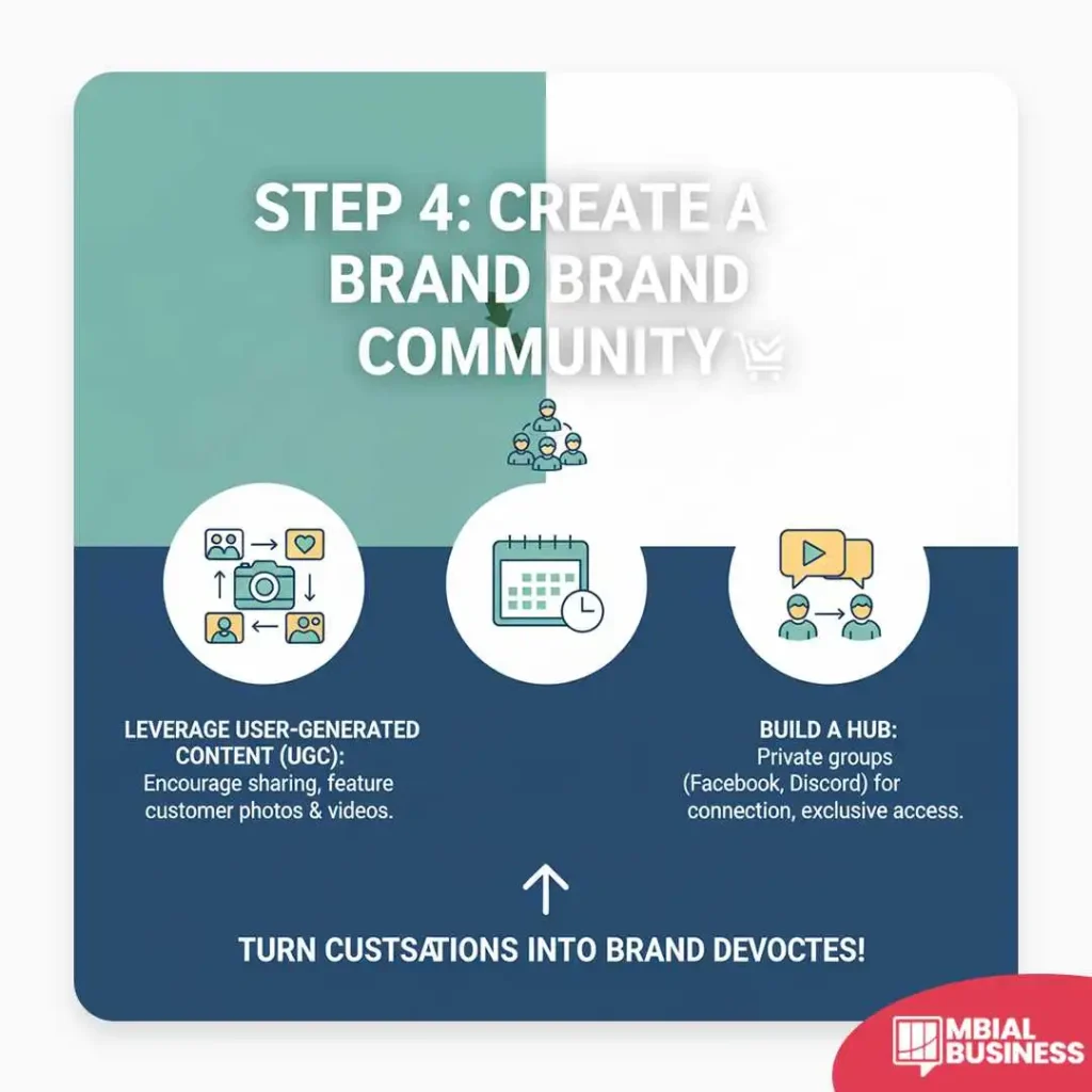 an infographic titled "step 4: create a brand community." the image has a two-tone background, with a lighter green-blue top and a darker blue bottom. a small icon of a group of people is placed on the dividing line between the two colors. the image features three circular icons at the bottom. the first icon shows a person with a camera and a speech bubble with a heart, and is labeled "leverage user-generated content (ugc)" with the description "encourage sharing, feature customer photos & videos." the second icon shows a calendar and a clock, with no accompanying text. the third icon shows two people with speech bubbles and a play button icon, and is labeled "build a hub," with the description "private groups (facebook, discord) for connection, exclusive access." a large arrow points up from a banner at the bottom that reads "turn customers into brand devotees!" the infographic outlines two key strategies for building a brand community.