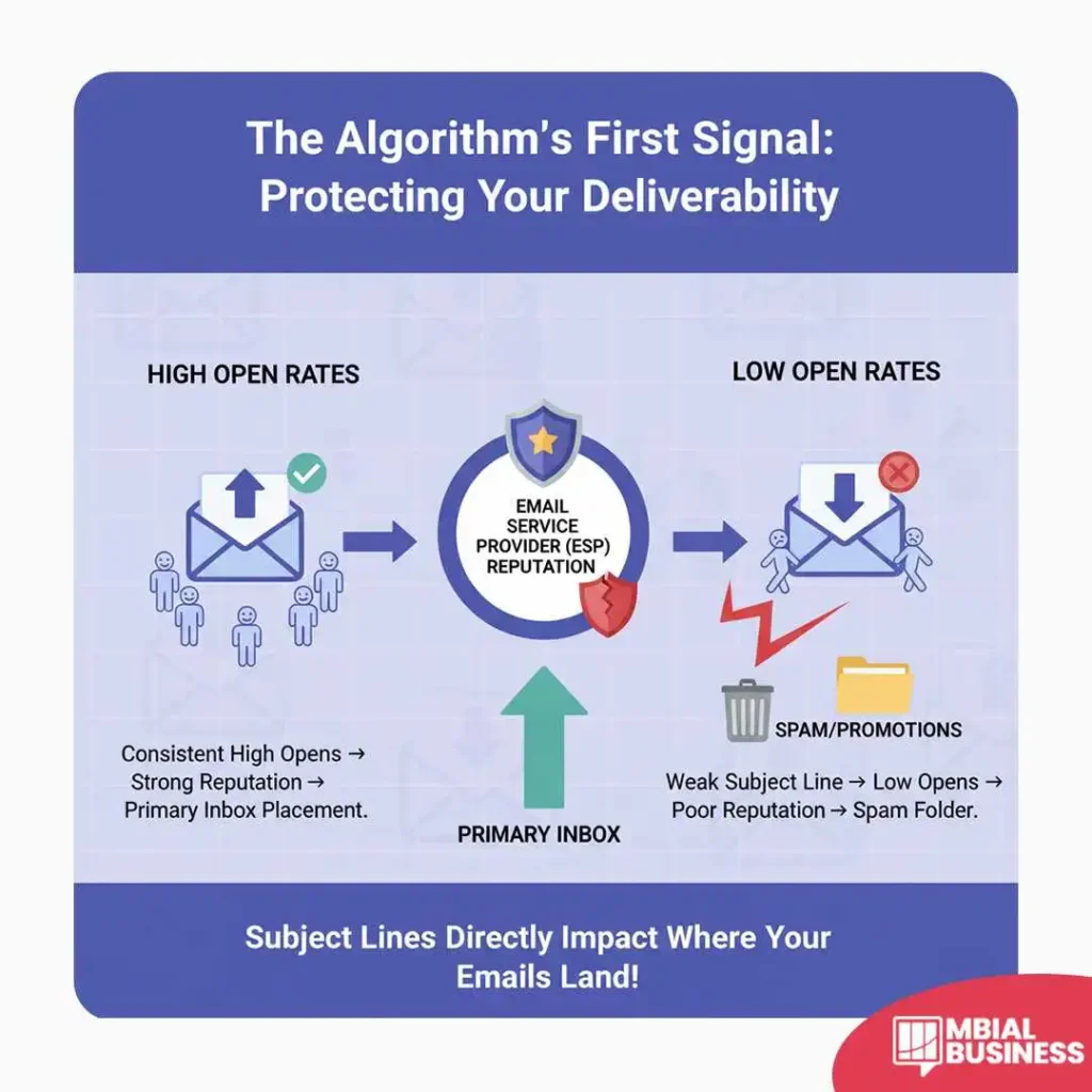 an infographic titled "the algorithm's first signal: protecting your deliverability." the image contrasts the impact of high versus low open rates on email deliverability, set against a dark blue background. in the center, a shield icon represents the "email service provider (esp) reputation." on the left, an upward-pointing arrow from an open envelope with a checkmark and a group of happy people represents "high open rates." this leads to a strong reputation and primary inbox placement. on the right, a downward-pointing arrow from an open envelope with a red "x" and a group of unhappy people represents "low open rates." this leads to a poor reputation and emails being sent to the "spam/promotions" folder. a large, green upward arrow at the bottom points toward the central reputation shield, indicating the connection to the "primary inbox." the banner at the very bottom reads, "subject lines directly impact where your emails land!"