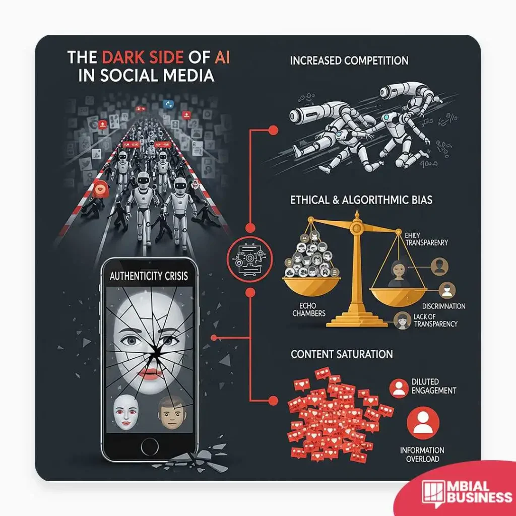 An infographic titled "The Dark Side of AI in Social Media." It features a central image of a cracked smartphone screen labeled "Authenticity Crisis," surrounded by three sections detailing challenges: "Increased Competition" with two competing robots, "Ethical & Algorithmic Bias" with a balancing scale, and "Content Saturation" with a pile of red heart icons. A red "MBIAL BUSINESS" logo is in the bottom right corner.