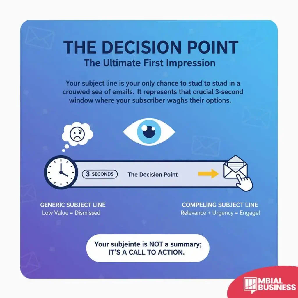 an infographic titled "the decision point" with the subtitle "the ultimate first impression." the image, set on a blue background, explains how customers judge an email. a timeline in the center illustrates the "3 seconds" that define the decision point. on the left, a clock and a sad face icon indicate that a "generic subject line" with low value leads to the email being "dismissed." on the right, a hand clicking an open envelope icon indicates that a "compelling subject line" with relevance and urgency leads to "engage!" a large eye icon is positioned above the timeline, symbolizing the subscriber's crucial decision-making moment. a call-out box at the bottom emphasizes, "your subject line is not a summary; it's a call to action."