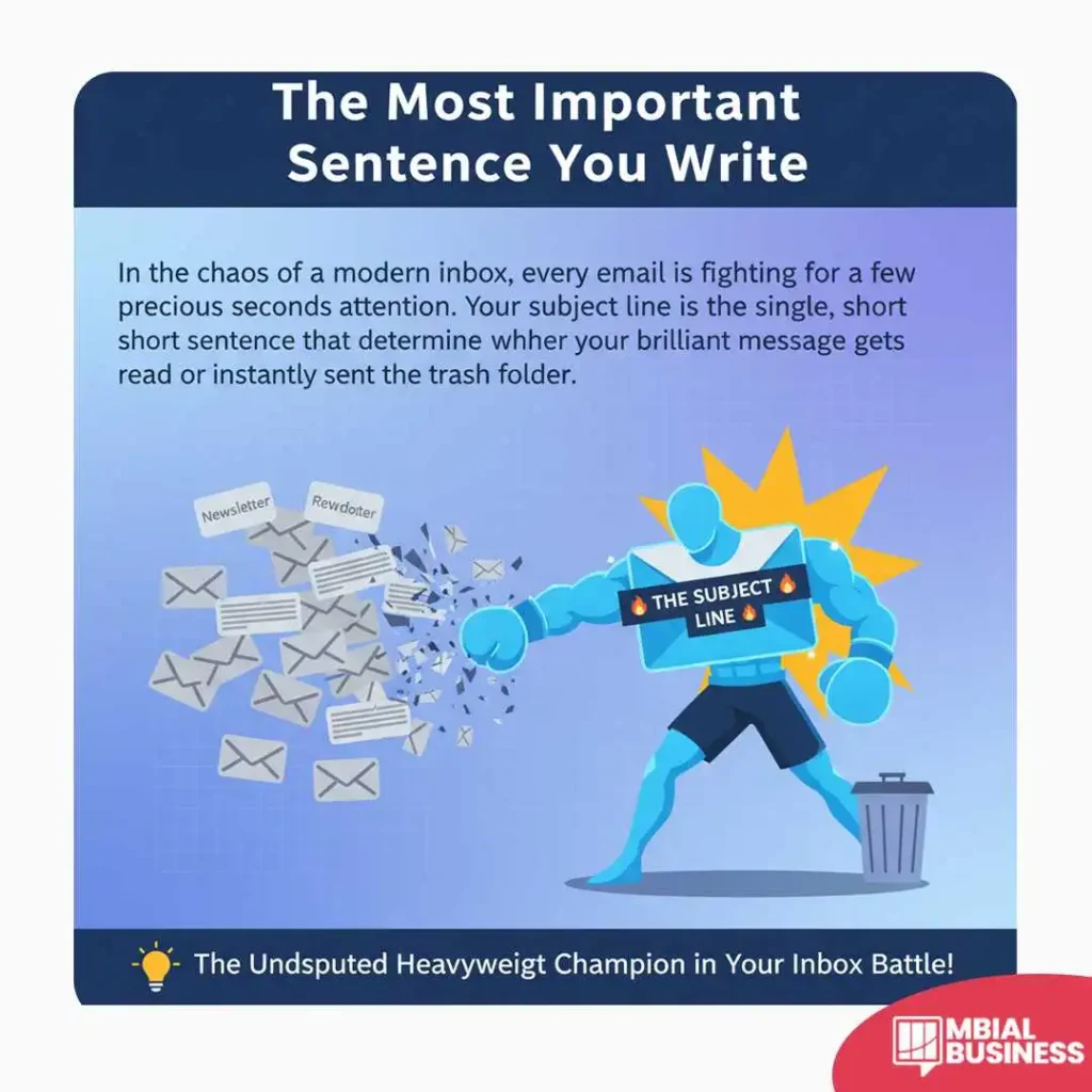 an infographic titled "the most important sentence you write," which emphasizes the crucial role of the email subject line. the image features a muscular, heroic, light-blue figure with a shield labeled "the subject line" that is punching and destroying a chaotic pile of mail envelopes labeled "newsletter" and "reminder." the surrounding text highlights the importance: "in the chaos of a modern inbox, every email is fighting for a few precious seconds attention. your subject line is the single, short sentence that determine whether your brilliant message gets read or instantly sent the trash folder." the hero figure is standing next to a trash can. a banner at the bottom of the image declares, "the undisputed heavyweight champion in your inbox battle!"