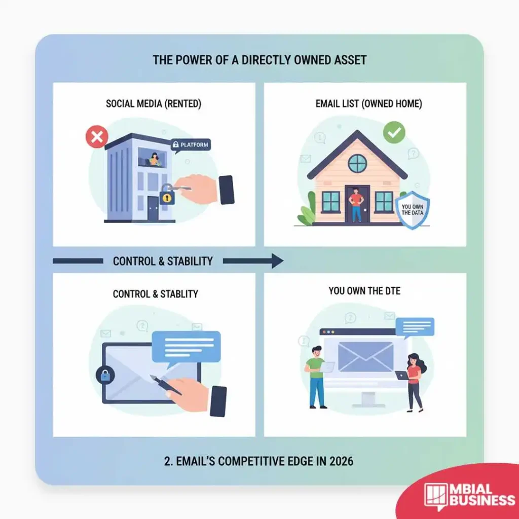 a four-panel infographic titled "the power of a directly owned asset," which compares social media to an email list. the top-left panel, labeled "social media (rented)," shows a hand with a padlock locking up a building with a person inside, representing a brand being locked out of its own audience due to platform changes. the top-right panel, labeled "email list (owned home)," shows a house with a green check mark and a shield that reads "you own the data," illustrating control and security. the bottom-left panel is labeled "control & stability" and shows a hand holding a digital tablet with a padlock and a question mark speech bubble. the bottom-right panel, labeled "you own the dte," shows two people interacting with a laptop that has a large email icon, representing direct, unmediated communication. the bottom of the image has the title "2. email's competitive edge in 2026."