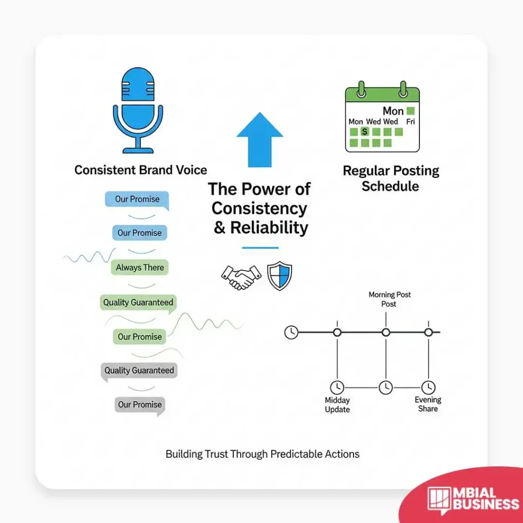 an infographic titled "the power of consistency & reliability," which focuses on building trust through predictable actions. the image is divided into two sections. the left section, labeled "consistent brand voice," shows a microphone icon and a winding path of speech bubbles with repetitive phrases like "our promise" and "quality guaranteed," with a few others like "always there." this illustrates a steady, unchanging message. the right section, labeled "regular posting schedule," displays a calendar icon highlighting specific days (mon, wed, fri) and a timeline showing posts at different times of the day, such as a "morning post," "midday update," and "evening share." this visualizes a predictable content schedule. a large blue arrow in the center points upwards from these two concepts toward a shield and handshake icon, representing the outcome of consistency: trust. the text at the bottom reads "building trust through predictable actions."