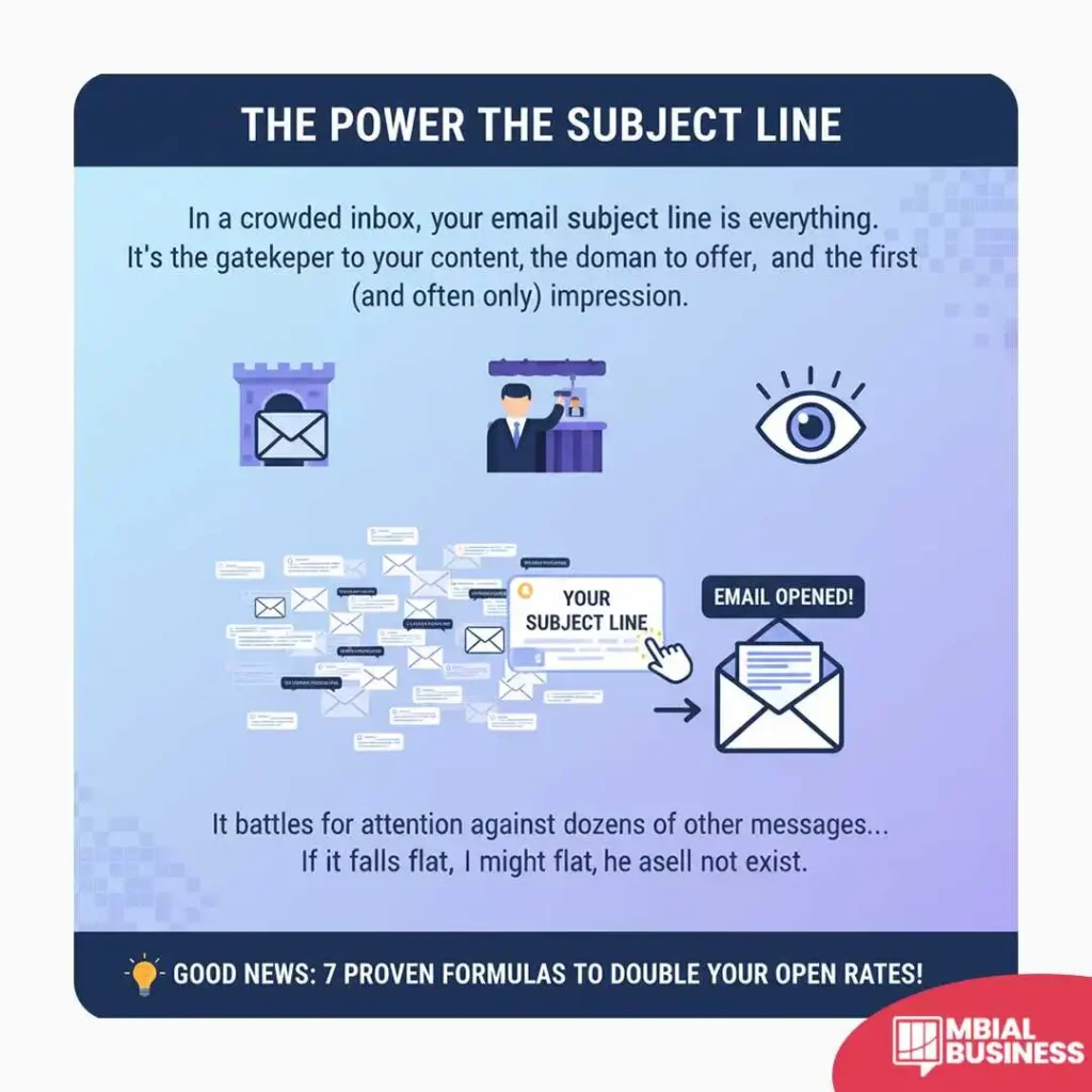 an infographic titled "the power the subject line." the main text states, "in a crowded inbox, your email subject line is everything. it's the gatekeeper to your content, the domain to offer, and the first (and often only) impression." the image features a visual representation of an overflowing email inbox, with dozens of overlapping envelopes battling for attention. a hand points from a box labeled "your subject line" toward a single, open envelope labeled "email opened!" above the chaotic inbox, three icons illustrate the importance: a castle with a locked envelope (gatekeeper), a person in a well (domain to offer), and an open eye (first impression). the bottom of the image has a banner that reads "good news: 7 proven formulas to double your open rates!" emphasizing that a strong subject line is critical for email visibility and success.