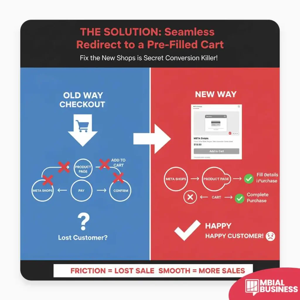 an infographic titled "the solution: seamless redirect to a pre-filled cart," with the subtitle "fix the new shops is secret conversion killer!" the image is split into two sections, comparing a broken checkout process to a fixed one. the left side, on a blue background, is labeled "old way checkout." it shows a confusing, broken flow with red "x" icons, a question mark, and the phrase "lost customer?" at the bottom. the right side, on a red background, is labeled "new way." it shows a streamlined process with green check marks, leading to a "happy customer!" a large white arrow in the center points from the old way to the new way, symbolizing the improvement. the bottom of the image has a banner with the text "friction = lost sale," followed by "smooth = more sales," highlighting the impact of the solution.