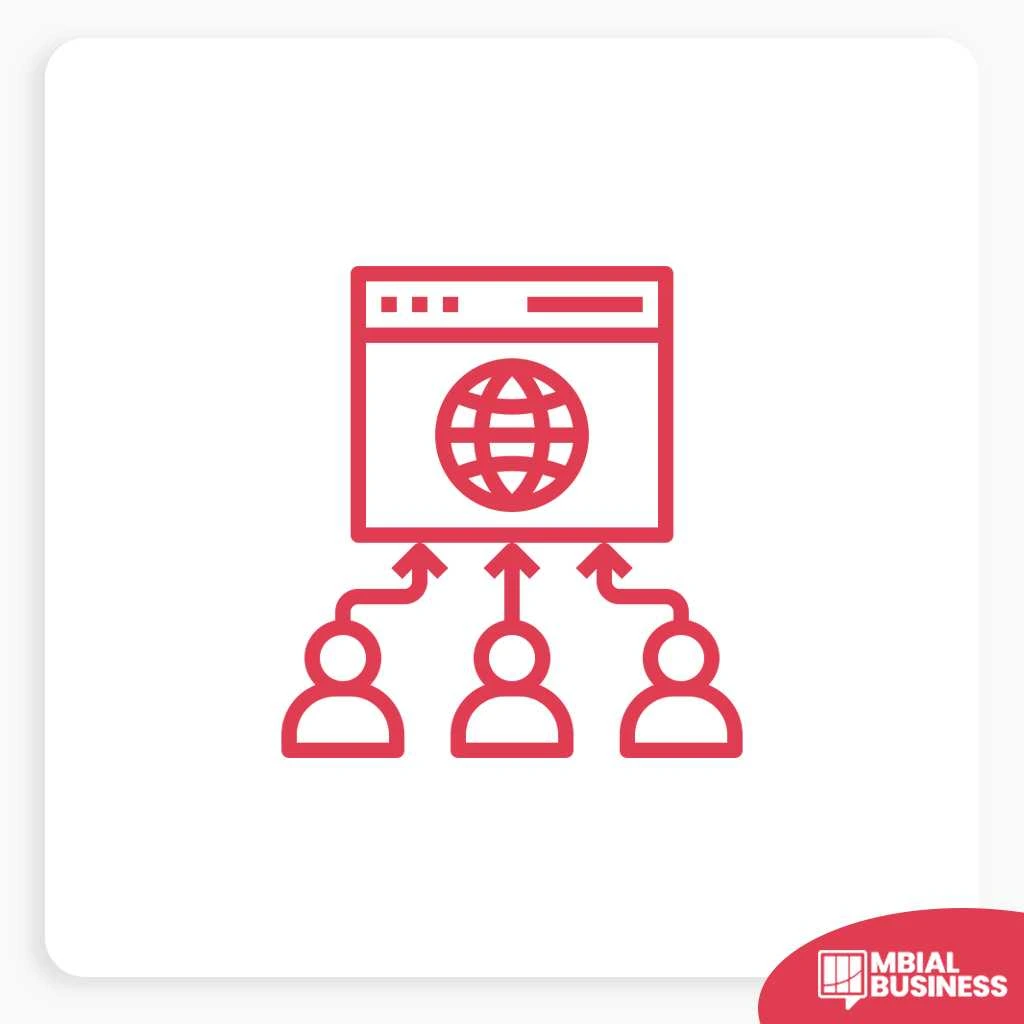 A square banner with a white background and rounded corners. In the center is a red line-art icon of a browser window with a globe inside it. Below the window, three stylized human figures are shown, each connected to the browser by a wavy line with an upward-pointing arrow. A red "MBIAL BUSINESS" logo is in the bottom right corner.