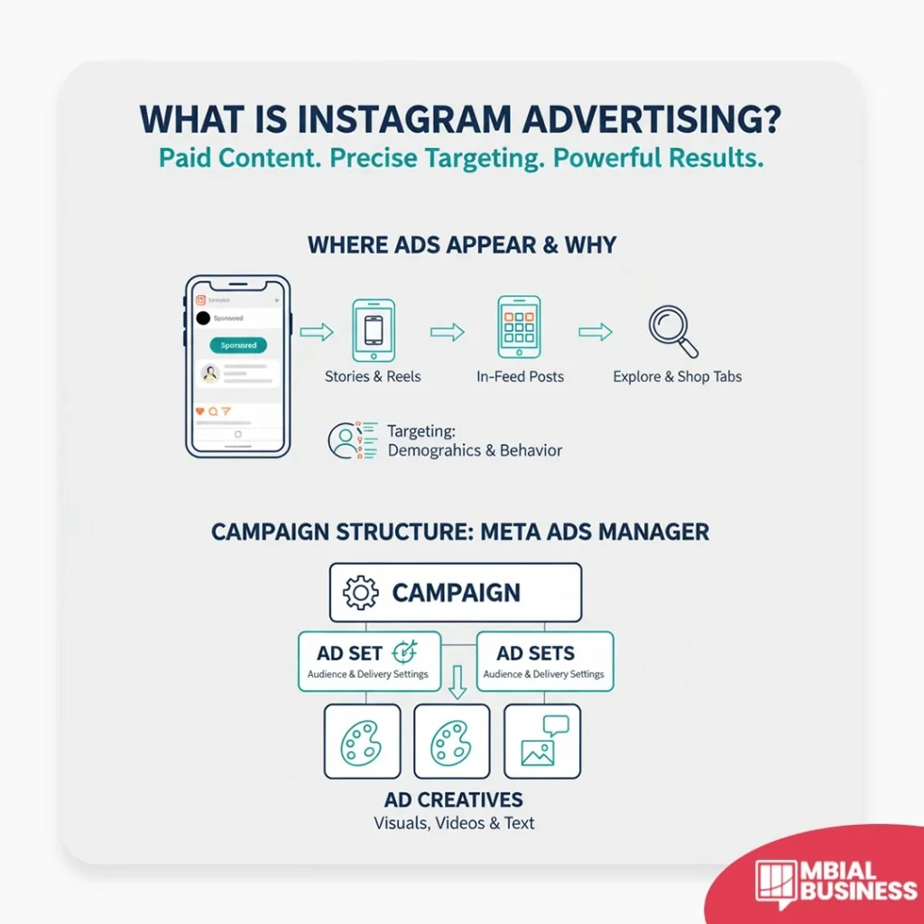 an infographic titled "what is instagram advertising?" with the subtitle "paid content. precise targeting. powerful results." the image is divided into two main sections. the top section, "where ads appear & why," shows a flow starting with a mobile phone displaying a "sponsored" ad. arrows point to different ad placements: "stories & reels," "in-feed posts," and "explore & shop tabs." below this flow, it mentions "targeting: demographics & behavior." the bottom section, "campaign structure: meta ads manager," illustrates a hierarchical structure: at the top is "campaign" (with a gear icon), which branches down to multiple "ad set" boxes (for audience & delivery settings). the ad sets then branch down to ad creatives (visuals, videos & text) shown as three icons representing art, video, and chat bubbles. the infographic provides a clear overview of the components and function of instagram advertising.