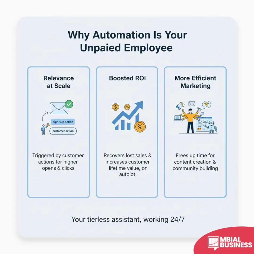 an infographic titled "why automation is your unpaid employee." the image is divided into three sections, each with a different benefit of automation. the first section is titled "relevance at scale." it shows a person with a speech bubble for "customer action" triggering an email with a checkmark for a "sign-up action." the description notes that this is "triggered by customer actions for higher opens & clicks." the second section is titled "boosted roi." it features a bar graph with an upward trend, a dollar sign, and a percentage symbol. the description states that automation "recovers lost sales & increases customer lifetime value, on autopilot." the third section is titled "more efficient marketing." it shows a person with a megaphone, a laptop, and various icons representing content creation, and a robot working. the description explains that automation "frees up time for content creation & community building." the bottom of the image has a banner that reads "your tireless assistant, working 24/7," summarizing the core benefit of automation.