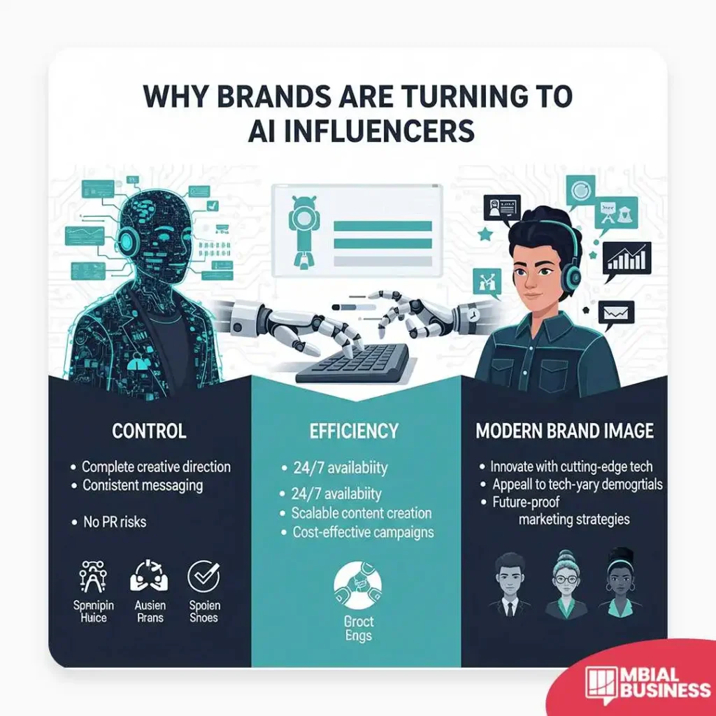 An infographic titled "Why Brands Are Turning to AI Influencers." It lists three key reasons with icons and descriptive text: "Control," "Efficiency," and "Modern Brand Image." The control section mentions consistent messaging and no PR risks. The efficiency section mentions 24/7 availability and scalable content creation. The modern brand image section mentions innovating with cutting-edge tech. A red "MBIAL BUSINESS" logo is in the bottom right corner.