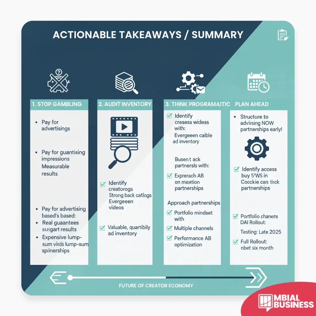 This infographic, titled "ACTIONABLE TAKEAWAYS / SUMMARY," outlines a strategic approach for the future of the creator economy, divided into four key sections: "STOP GAMBLING," which advises against paying for advertisements and impressions that lack measurable results; "AUDIT INVENTORY," recommending identifying creator logs, strong back catalogs, evergreen videos, and valuable, quality ad inventory; "THINK PROGRAMMATIC," which suggests identifying cross-wideness with partners, approaching partnerships with a portfolio mindset, utilizing multiple channels, and optimizing performance; and "PLAN AHEAD," emphasizing structuring advertising for early partnerships, identifying access, and planning for DAI Rollout and full rollout within six months. The overall message is to move strategically forward in the creator economy, as indicated by the "FUTURE OF CREATOR ECONOMY" label at the bottom.
