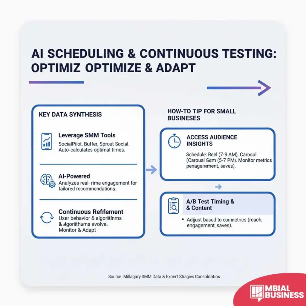 This infographic, titled "AI SCHEDULING & CONTINUOUS TESTING: OPTIMIZ OPTIMIZE & ADAPT," outlines a strategy for using technology and data to determine optimal social media posting times, providing insights for small businesses. The graphic is divided into two main sections: "KEY DATA SYNTHESIS" and "HOW-TO TIP FOR SMALL BUSINESSES." The data synthesis section lists three points: Leverage SMM Tools (like SocialPilot, Buffer, Sprout Social) to auto-calculate optimal times; utilizing an AI-Powered approach to analyze real-time engagement for tailored recommendations; and implementing Continuous Refilement to monitor and adapt as user behavior and algorithms evolve. The "HOW-TO TIP" section suggests two actions for small businesses: ACCESS AUDIENCE INSIGHTS by scheduling Reels between 7-9 AM and Carousels between 5-7 PM while monitoring key metrics like engagement and saves, and A/B Test Timing & Content by adjusting strategies based on core metrics such as reach, engagement, and saves. The source is cited at the bottom as "Millagrrry SMM Data & Expert Stragies Consoldatios."