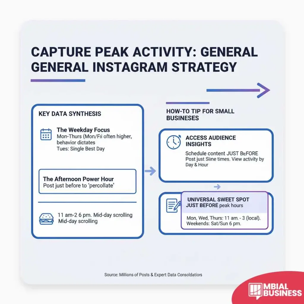This infographic, titled "CAPTURE PEAK ACTIVITY: GENERAL INSTAGRAM STRATEGY," provides a framework for optimizing Instagram posting times, divided into a "KEY DATA SYNTHESIS" section and a "HOW-TO TIP FOR SMALL BUSINESSES" section. The data synthesis highlights two key temporal patterns: The Weekday Focus, noting that Mon-Thurs (Mon/Fri) often show higher activity, though Tuesday is cited as the Single Best Day, and The Afternoon Power Hour, referring to the 11 AM-2 PM mid-day window, which is described as a time of mid-day scrolling. The "HOW-TO TIP" translates these insights into two actionable steps for small businesses: ACCESS AUDIENCE INSIGHTS by scheduling content JUST BEFORE peak times and viewing activity by Day & Hour; and targeting the UNIVERSAL SWEET SPOT JUST BEFORE PEAK HOURS, which is specified as Monday, Wednesday, Thursday from 11 AM - 3 PM (local), and on Weekends: Saturday/Sunday at 6 PM, all to maximize the chances of content "percolating" and reaching a wider audience.