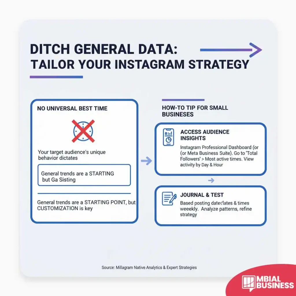 This infographic, titled "DITCH GENERAL DATA: TAILOR YOUR INSTAGRAM STRATEGY," emphasizes the importance of moving beyond generic advice to create a customized social media approach. The left section, "NO UNIVERSAL BEST TIME," argues against a one-size-fits-all approach, asserting that the unique behavior of Your target audience's dictates optimal posting times and that general trends should only be used as a STARTING POINT, with CUSTOMIZATION being key. The right section, "HOW-TO TIP FOR SMALL BUSINESSES," provides two actionable steps to achieve this tailored strategy: ACCESS AUDIENCE INSIGHTS by using the Instagram Professional Dashboard or Meta Business Suite to go to 'Total Followers' > Most active times to view activity by Day & Hour; and JOURNAL & TEST by recording posting dates and times weekly, analyzing the resulting engagement patterns, and refining the strategy accordingly to find the true peak activity times for a specific brand's audience.