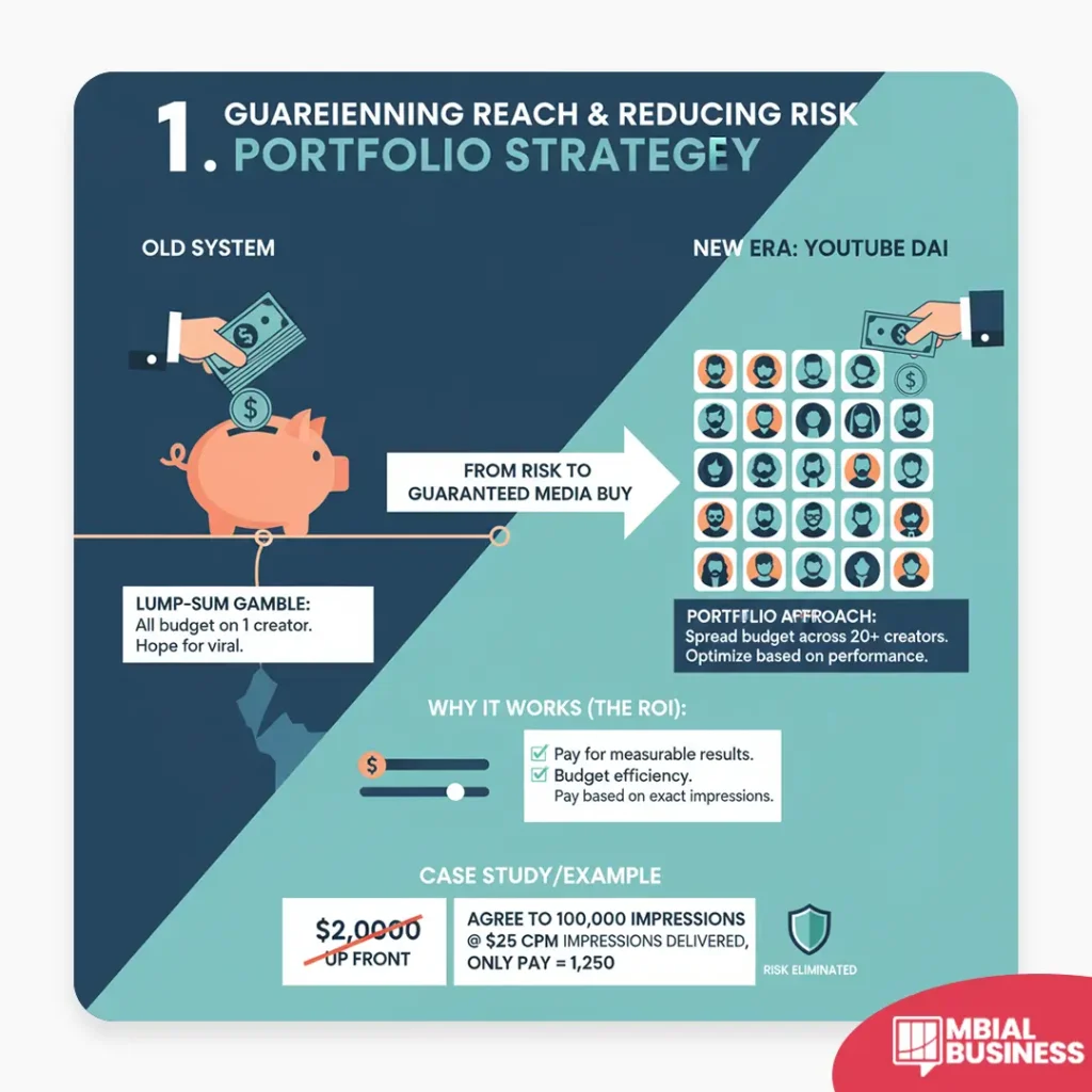 This infographic, titled "1. GUAREIENNING REACH & REDUCING RISK: PORTFOLIO STRATEYEY," contrasts the "OLD SYSTEM" of advertising with the "NEW ERA: YOUTUBE DAI," showing a critical shift "FROM RISK TO GUARANTEED MEDIA BUY." The old system is depicted as a LUMP-SUM GAMBLE where all the budget is placed on 1 creator, symbolized by money being dropped into a piggy bank, with the sole hope for the content to go viral, and a budget of $2,000 UP FRONT is shown. The new era introduces a PORTFOLIO APROACH utilizing YouTube DAI (Dynamic Ad Insertion) to spread budget across 20+ creators and optimize based on performance, which is visually represented by money being distributed across a grid of creator icons. The section "WHY IT WORKS (THE ROI):" highlights benefits such as paying for measurable results, achieving budget efficiency, and paying based on exact impressions. A "CASE STUDY/EXAMPLE" illustrates a scenario where an agreement is made for 100,000 impressions at $25 CPM, but the client only pays $1,250 based on the impressions delivered, demonstrating how RISK IS ELIMINATED with this new strategy.