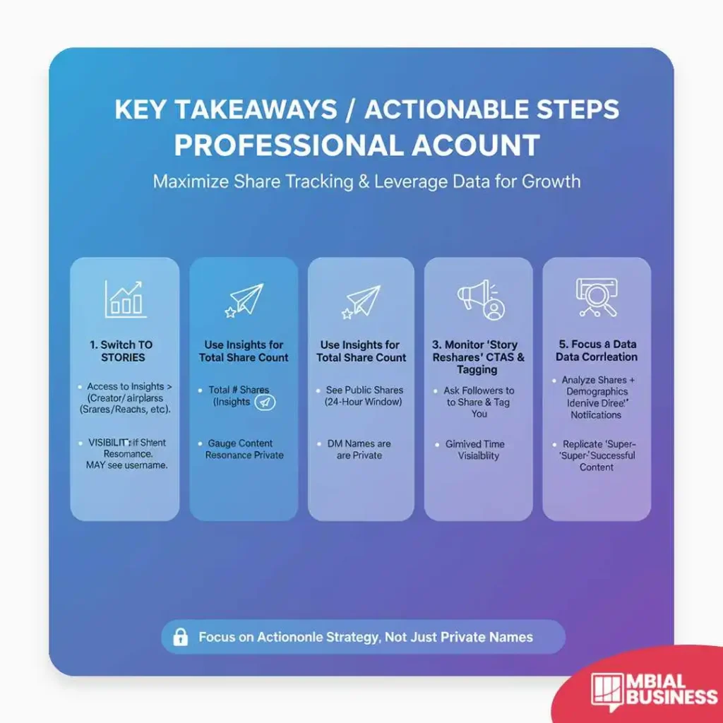 This image is a step-by-step infographic titled "KEY TAKEAWAYS / ACTIONABLE STEPS PROFESSIONAL ACCOUNT" with a subtitle that says, "Maximize Share Tracking & Leverage Data for Growth." It outlines five main steps for professional Instagram accounts to track content sharing. The steps are presented in sequential blue-to-purple gradient boxes: 1. Switch TO STORIES (access insights, visibility on silent resonance), 2. Use Insights for Total Share Count (total shares in insights, private names), 3. Monitor 'Story Reshares' CTAs & Tagging (ask followers to tag you, visibility through story reshares), and 5. Focus & Data Correlation (analyze shares and demographics, replicate successful content). The bottom of the graphic has a focus statement that reads, "Focus on Actionable Strategy, Not Just Private Names."