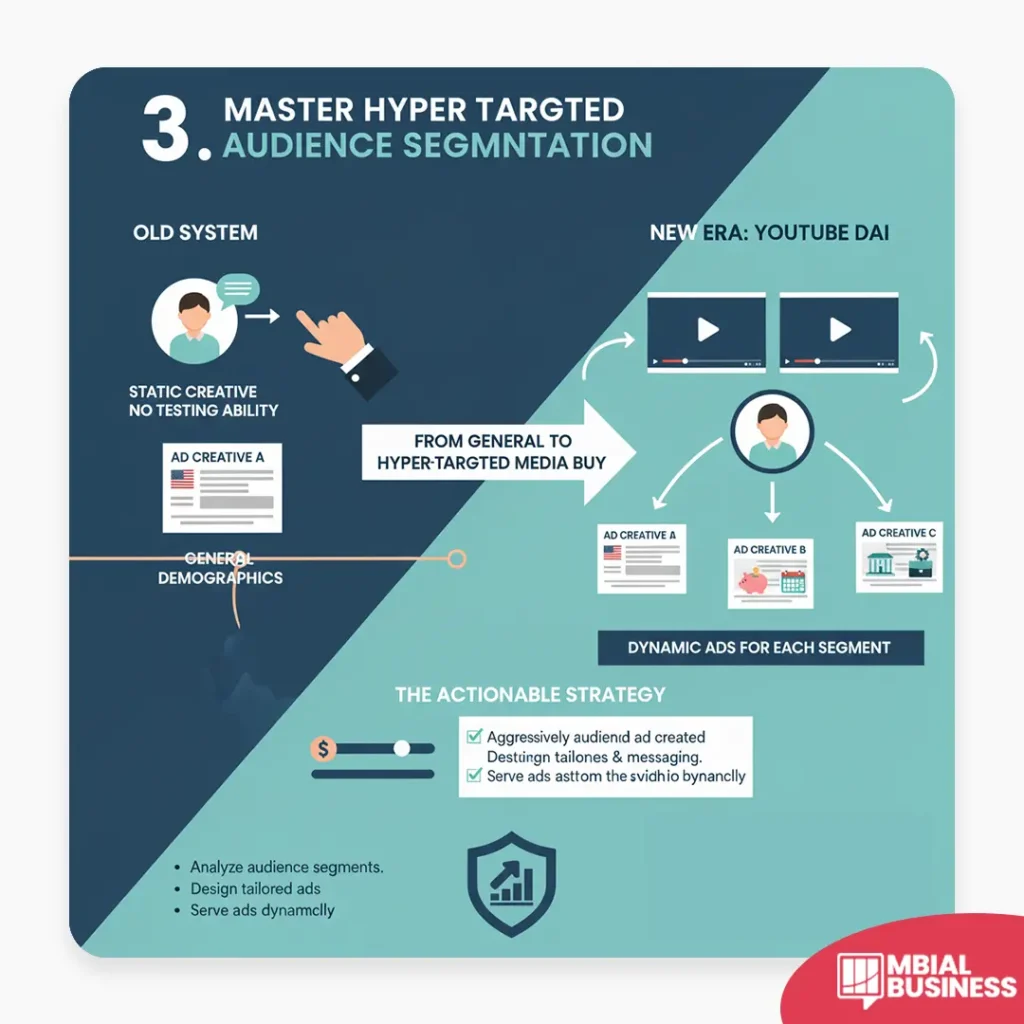 This infographic, titled "3. MASTER HYPER TARGTED AUDIENCE SEGMNTATION," illustrates the evolution of advertising from the "OLD SYSTEM" to the "NEW ERA: YOUTUBE DAI," highlighting the transition "FROM GENERAL TO HYPER-TARGTED MEDIA BUY." The old system relied on STATIC CREATIVE with NO TESTING ABILITY and used a single AD CREATIVE A targeting GENERAL DEMOGRAPHICS. The new era, enabled by YouTube DAI (Dynamic Ad Insertion), allows for different AD CREATIVE versions (A, B, and C) to be served as DYNAMIC ADS FOR EACH SEGMENT of the audience watching a single video. The graphic outlines "THE ACTIONABLE STRATEGY" as aggressively segmenting the audience, designing tailored ads and messaging, and serving ads dynamically to the audience by brand and channel, with expected benefits including the ability to analyze audience segments, design tailored ads, and serve ads dynamically.