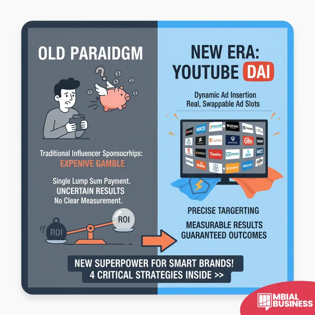 This infographic contrasts the "OLD PARAIDGM" of influencer marketing with the "NEW ERA: YOUTUBE DAI," which is promoted as a "NEW SUPERPOWER FOR SMART BRANDS!" The left side, representing the old paradigm, features an illustration of a concerned man looking at a piggy bank with question marks and money, labeling traditional influencer sponsorships as an "EXPENIVE GAMBLE" characterized by SINGLE LUMP SUM PAYMENT, UNCERTAIN RESULTS, and NO CLEAR MEASUREMENT. This uncertainty is visually represented by a scale where one side's ROI is weighed down while the other side floats up. The right side, in a vibrant blue, highlights the new era of YOUTUBE DAI (Dynamic Ad Insertion) with REAL, SWAPPABLE AD SLOTS, shown on a television screen displaying logos of multiple brands in a grid format, suggesting an aggregated network. This new approach promises PRECISE TARGERTING, MEASURABLE RESULTS, and GUARANTEED OUTCOMES, with the infographic concluding by stating "4 CRITICAL STRATEGIES INSIDE >>" to guide brands in adopting this shift.