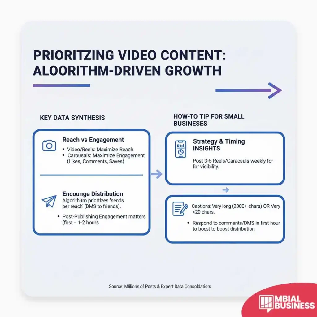 This infographic, titled "PRIORITIZING VIDEO CONTENT: ALOORITHM-DRIVEN GROWTH," outlines a strategy for maximizing reach and engagement on social media, divided into a "KEY DATA SYNTHESIS" section and a "HOW-TO TIP FOR SMALL BUSINESSES" section. The data synthesis highlights two key areas: Reach vs Engagement, noting that Video/Reels are geared to maximize Reach, while Carousals are for maximizing Engagement (Likes, Comments, Saves); and Encounge Distribution, where the algorithm prioritizes 'sends per reach' (DMs to friends) and emphasizes that Post-Publishing Engagement in the first one to two hours matters significantly. The "HOW-TO TIP" translates this into actionable advice for small businesses, suggesting that Strategy & Timing Insights involve posting 3-5 Reels/Carousels weekly for visibility, and regarding content, using Captions that are either Very long (2000+ chars) OR Very short (