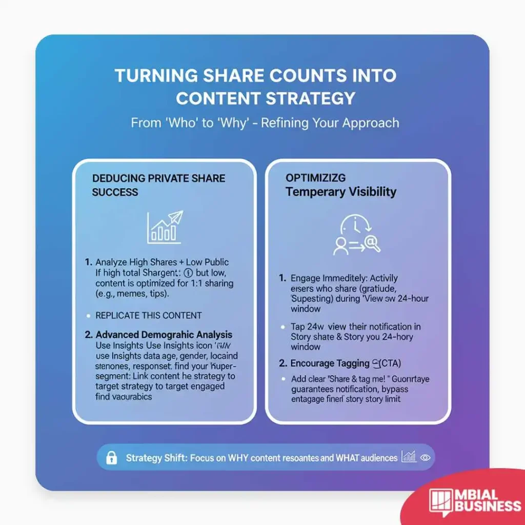 This infographic is titled "TURNING SHARE COUNTS INTO CONTENT STRATEGY" with the subtitle, "From 'Who' to 'Why' - Refining Your Approach." The graphic is divided into two main sections on a blue-to-purple gradient background. The left section, "DEDUCING PRIVATE SHARE SUCCESS," outlines two strategies: 1. Analyze High Shares + Low Public (replicate content optimized for private 1:1 sharing like memes or tips), and 2. Advanced Demographic Analysis (use insights data like gender, location, and responses to refine the hyper-segment for targeted strategy). The right section, "OPTIMIZIG Temporary Visibility," also has two points: 1. Engage Immediately (actively engage users who share during the 24-hour view window and tap the 'view notification' in Story Share to Story), and 2. Encourage Tagging (CTA) (add clear "Share & tag me!" calls-to-action to guarantee notifications and bypass the story limit). A final summary statement at the bottom reads, "Strategy Shift: Focus on WHY content resonates and WHAT audiences."