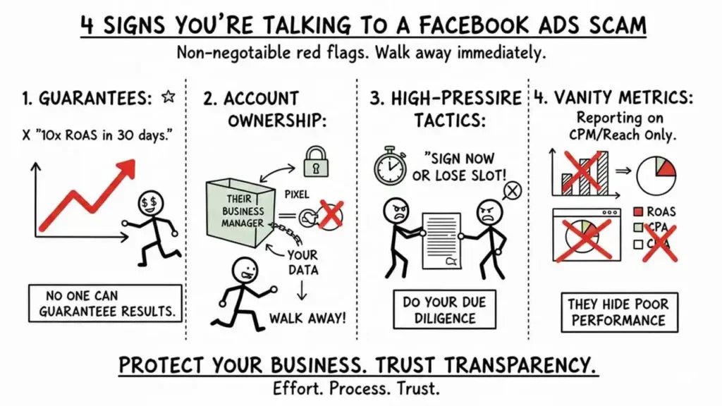 a cartoon drawing illustrating "4 signs you're talking to a facebook ads scam," emphasizing non-negotiable red flags to walk away from immediately. the four signs are presented in columns: 1. guarantees, showing a figure chasing an arrow promising "10x roas in 30 days" with the warning "no one can guarantee results." 2. account ownership, showing a lock on a pixel and data held by "their business manager," with a red x over the connection and the instruction to "walk away!" 3. high-pressure tactics, depicting an angry exchange over a contract with a stopwatch and the warning, "sign now or lose slot," with the advice to "do your due diligence." 4. vanity metrics, showing reporting on cpm and reach only, with a red x over a dashboard hiding real metrics like roas and cpa, and the explanation, "they hide poor performance." the overall message at the bottom states: "protect your business. trust transparency. effort. process. trust."