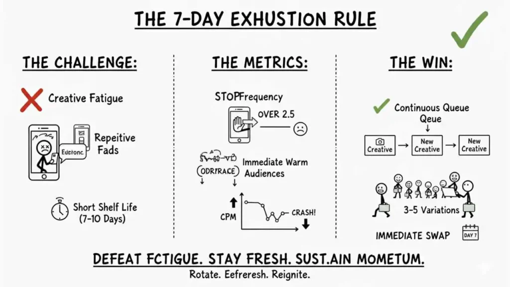 A hand-drawn instructional diagram is titled "the 7-day exhustion rule," and is organized into three sections. "the challenge" highlights issues leading to creative burnout, specifically naming "creative fatigue," illustrating "repeititve fads" with unhappy stick figures on phones, and noting a "short shelf life (7-10 days)" represented by a clock icon. "the metrics" section shows how to monitor this exhaustion: by looking for "stop frequency over 2.5," which is linked to a frown, or by monitoring audience engagement metrics like "odr/trace" for "immediate warm audiences," which leads to a line graph showing cost per mille (cpm) rising before a "crash!" "the win" section explains the solution for sustained performance, advocating for a "continuous queue" of creatives (leading from "creative" to "new creative" to "new creative"), maintaining "3-5 variations," and stressing the need for an "immediate swap" by "day 7." The concluding message is: "defeat fctigue. stay fresh. sust.ain mometum," with actions to "rotate. eefreeresh. reignite."