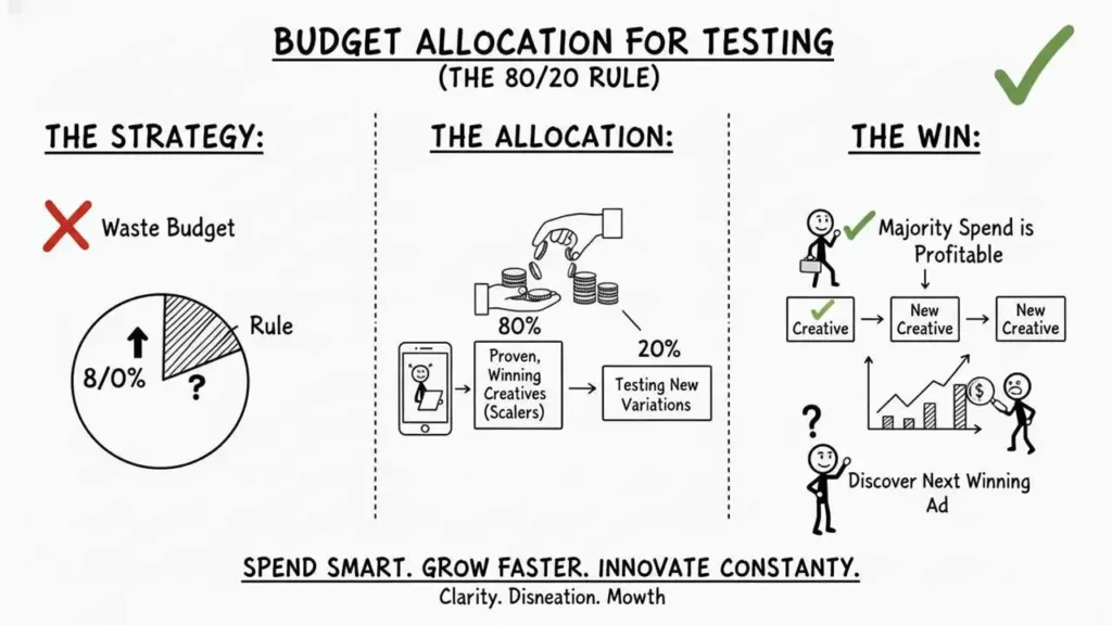 A whiteboard-style diagram titled "Budget Allocation for Testing (The 80/20 Rule)" is divided into three sections: "The Strategy," "The Allocation," and "The Win." In "The Strategy" section, a large red 'X' next to "Waste Budget" is shown alongside a pie chart where 80% is labeled "Rule" and points to an arrow indicating an upward trend, suggesting a focus on proven strategies. "The Allocation" section details the 80/20 split: 80% of the budget goes to "Proven, Winning Creatives (Scalers)," shown pointing from a phone graphic, and 20% goes to "Testing New Variations." The central image shows a hand dropping coins onto a stack. "The Win" section shows a checkmark next to "Majority Spend is Profitable," illustrating a flow from "Creative" to "New Creative" to "New Creative," resulting in a growing graph and indicating the overall goal is to "Discover Next Winning Ad" by spending smart, growing faster, and innovating constantly.