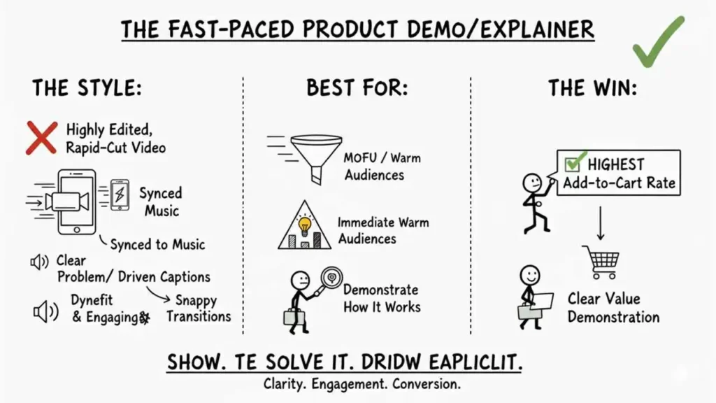 A hand-drawn instructional diagram is titled "the fast-paced product demo/explainer" and is divided into three sections: "the style," "best for," and "the win." "the style" section features a red 'x' over "highly edited, rapid-cut video." The main elements of the style include "synced music," "synced to music," "clear problem/driven captions," and "dynefit & engaging & snappy transitions," all illustrated with graphics of phones and sound icons. "best for" outlines the target audiences and goals, including "mofu / warm audiences," "immediate warm audiences" (shown with a lightbulb icon), and using a magnifying glass icon to "demonstrate how it works." "the win" section emphasizes the key outcome, which is achieving the "highest add-to-cart rate," leading to a shopping cart icon and a resulting "clear value demonstration." The concluding message is: "show. te solve it. dridw eapliclit," with a focus on clarity, engagement, and conversion.