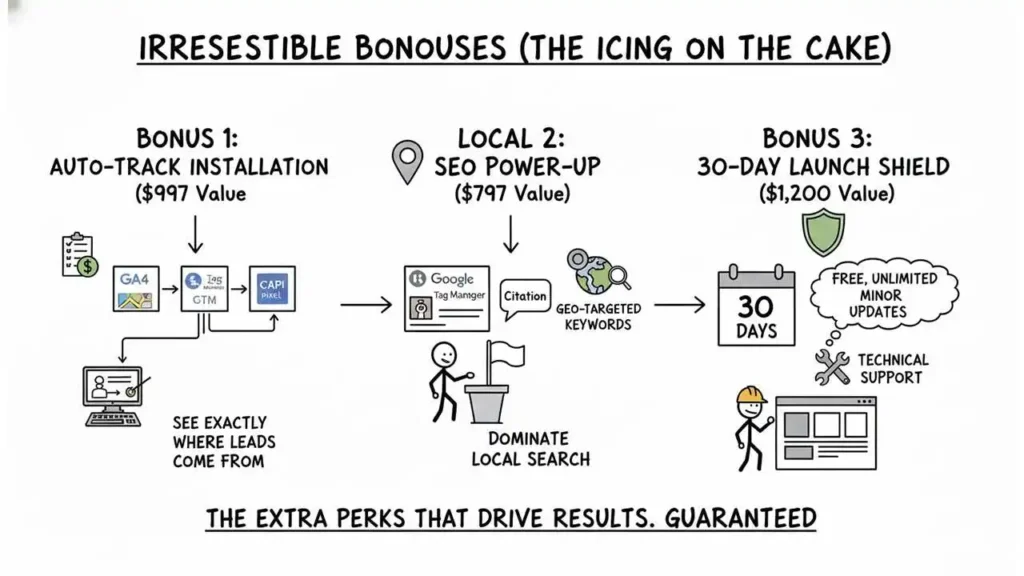 A black-and-white, hand-drawn stick-figure flowchart titled "IRRESISTIBLE BONUSES (THE ICING ON THE CAKE)," detailing three extra services offered by the agency. Bonus 1: AUTO-TRACK INSTALLATION ($997 Value) shows the setup of tracking tools like GA4, GTM, and CAPI Pixel to "SEE EXACTLY WHERE LEADS COME FROM." Local 2: SEO POWER-UP ($797 Value) focuses on leveraging Google Tag Manager, Citations, and Geo-Targeted Keywords to help clients "DOMINATE LOCAL SEARCH." Finally, Bonus 3: 30-DAY LAUNCH SHIELD ($1,200 Value) offers a 30-day period of "FREE, UNLIMITED MINOR UPDATES" and "TECHNICAL SUPPORT." The graphic concludes with the tagline: "THE EXTRA PERKS THAT DRIVE RESULTS. GUARANTEED."
