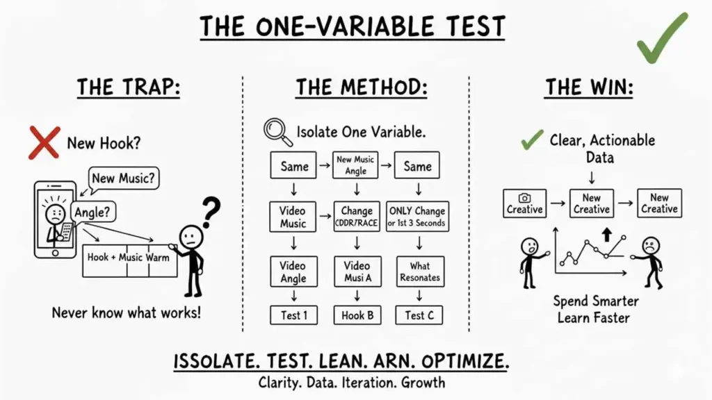 A hand-drawn diagram titled "The One-Variable Test" is divided into three sections: "The Trap," "The Method," and "The Win." "The Trap" illustrates the mistake of testing multiple elements simultaneously, showing a question mark over changing the "New Hook?," "New Music?," and "Angle?" all at once, leading to the caption "Never know what works!" "The Method" outlines the correct approach: "Isolate One Variable." It uses flowcharts detailing how to keep all elements "Same" while testing variations in "New Music Angle" or changing "CDDR/TRACE" or only the "1st 3 Seconds," resulting in three distinct tests labeled "Test 1," "Hook B," and "Test C" to determine "What Resonates." "The Win" section shows a checkmark next to "Clear, Actionable Data" which leads to a process of improving a "Creative" to "New Creative" to another "New Creative." The outcome is an upward-trending growth graph with the benefit being to "Spend Smarter Learn Faster." The overall mandate is summarized as: "ISSOLATE. TEST. LEAN. ARN. OPTIMIZE."