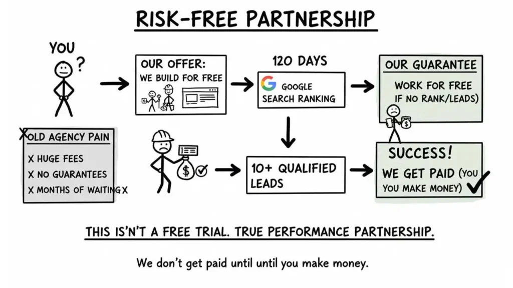 A simple black-and-white flowchart diagram drawn in a stick-figure style, illustrating a "Risk-Free Partnership" business model for a marketing agency. The flow starts with a stick-figure labeled "YOU" and moves through a box labeled "OUR OFFER: WE BUILD FOR FREE." This leads to a 120-day period focused on achieving Google Search Ranking, which then aims to produce "10+ QUALIFIED LEADS." Crucially, the process includes a block labeled "OUR GUARANTEE: WORK FOR FREE (IF NO RANK/LEADS)" and concludes with "SUCCESS! WE GET PAID (YOU MAKE MONEY)." The graphic also contrasts this with the "OLD AGENCY PAIN" of huge fees, no guarantees, and long waiting times, emphasizing the core message at the bottom: "THIS ISN'T A FREE TRIAL. TRUE PERFORMANCE PARTNERSHIP. We don't get paid until until you make money."