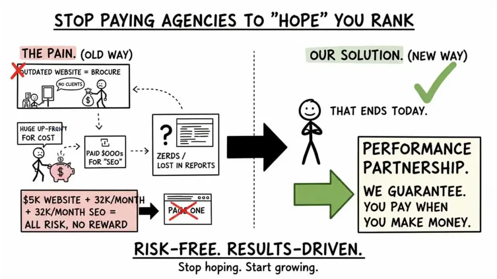 A black-and-white hand-drawn stick-figure flowchart titled "STOP PAYING AGENCIES TO 'HOPE' YOU RANK." The graphic is split vertically by a dashed line, contrasting "THE PAIN. (OLD WAY)" on the left with "OUR SOLUTION. (NEW WAY)" on the right. The left side illustrates the failure points of traditional agencies, including high upfront costs, monthly fees, receiving "ZEROS / LOST IN REPORTS," and experiencing "ALL RISK, NO REWARD." The right side shows a stick figure pointing toward a large, impactful box labeled "PERFORMANCE PARTNERSHIP. WE GUARANTEE. YOU PAY WHEN YOU MAKE MONEY," marked by a large green checkmark. The overall message at the bottom emphasizes a "RISK-FREE. RESULTS-DRIVEN." approach: "Stop hoping. Start growing."