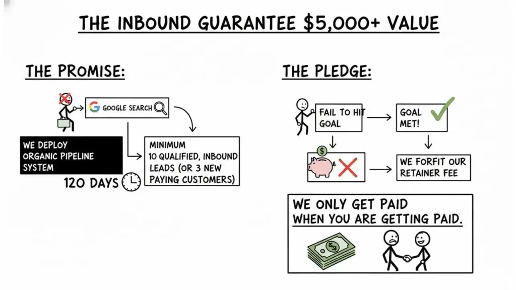 A black-and-white hand-drawn stick-figure diagram illustrating "THE INBOUND GUARANTEE $5,000+ VALUE," which is divided into two main sections: "THE PROMISE" and "THE PLEDGE." THE PROMISE details that within 120 days of deploying the "ORGANIC PIPELINE SYSTEM," the agency guarantees a "MINIMUM 10 QUALIFIED, INBOUND LEADS (OR 3 NEW PAYING CUSTOMERS)" sourced from Google Search. THE PLEDGE outlines the performance guarantee: if they "FAIL TO HIT GOAL," they "FORFEIT OUR RETAINER FEE," symbolized by a large 'X' over a broken piggy bank. The image is summarized by the bold text at the bottom: "WE ONLY GET PAID WHEN YOU ARE GETTING PAID."
