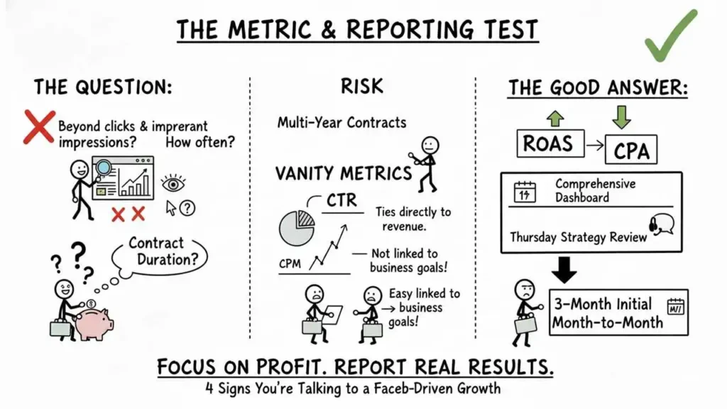 a cartoon drawing illustrating "the metric & reporting test" for evaluating marketing reporting quality, divided into three columns: the question, the risk, and the good answer. the question column features a red x next to "beyond clicks & impressions?" and asks "how often?" and about the "contract duration?" with figures looking confused at a piggy bank. the risk column highlights problems like "multi-year contracts" and focuses on "vanity metrics" like ctr and cpm which are "not linked to business goals!" and often do not tie directly to revenue. the good answer column, marked with a green check, emphasizes tracking metrics like roas (increasing) and cpa (decreasing), and recommends a "comprehensive dashboard" and a "thursday strategy review." the commitment recommended is a "3-month initial" agreement followed by "month-to-month" flexibility. the image's overall message at the bottom states: "focus on profit. report real results. 4 signs you're talking to a faceb-driven growth."