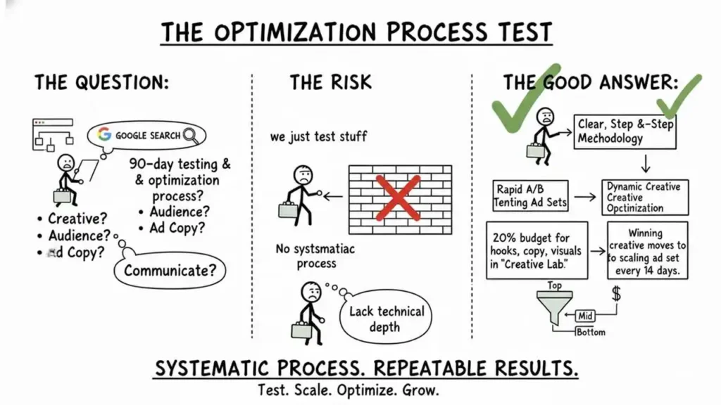 a cartoon drawing illustrating "the optimization process test" for digital advertising campaigns, organized into three columns: the question, the risk, and the good answer. the question column asks about the 90-day testing & optimization process, specifically querying if it involves creative, audience, and ad copy, and how the team communicates this. the risk column shows a figure hitting a brick wall because they "just test stuff" with "no systematic process," and another figure suffering from a "lack technical depth." the good answer column, marked with two green checks, recommends a "clear, step-&-step methodology" leading to "dynamic creative optimization" and using "rapid a/b testing ad sets." it specifies dedicating "20% budget for hooks, copy, visuals in 'creative lab'" and that "winning creative moves to scaling ad set every 14 days," using a top-mid-bottom funnel approach. the image's overall message at the bottom is: "systematic process. repeatable results. test. scale. optimize. grow."