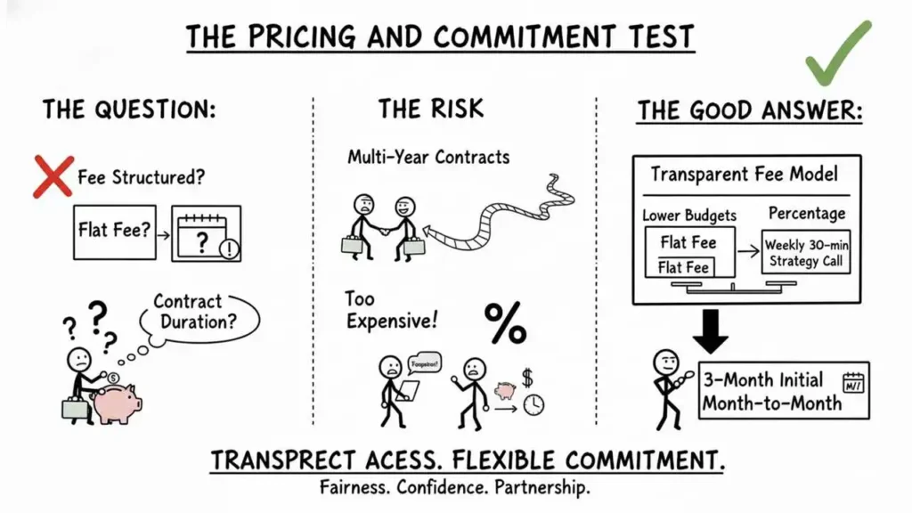 a cartoon drawing illustrating "the pricing and commitment test" for service agreements, divided into three columns: the question, the risk, and the good answer. the question column shows a red x next to "fee structured?" and questions whether the pricing is a "flat fee?" and what the "contract duration?" is, with figures looking confused at a calendar and piggy bank. the risk column highlights the problem of "multi-year contracts," showing a long, winding commitment rope between two figures shaking hands, and the risk of being "too expensive!" represented by a large percentage sign and figures looking sad about costs. the good answer column, marked with a green check, recommends a "transparent fee model" that offers both a "flat fee" for lower budgets and a percentage option, along with a guaranteed "weekly 30-min strategy call." the commitment structure recommended is a "3-month initial" agreement followed by "month-to-month" flexibility. the image's overall message at the bottom is: "transparent access. flexible commitment. fairness. confidence. partnership."